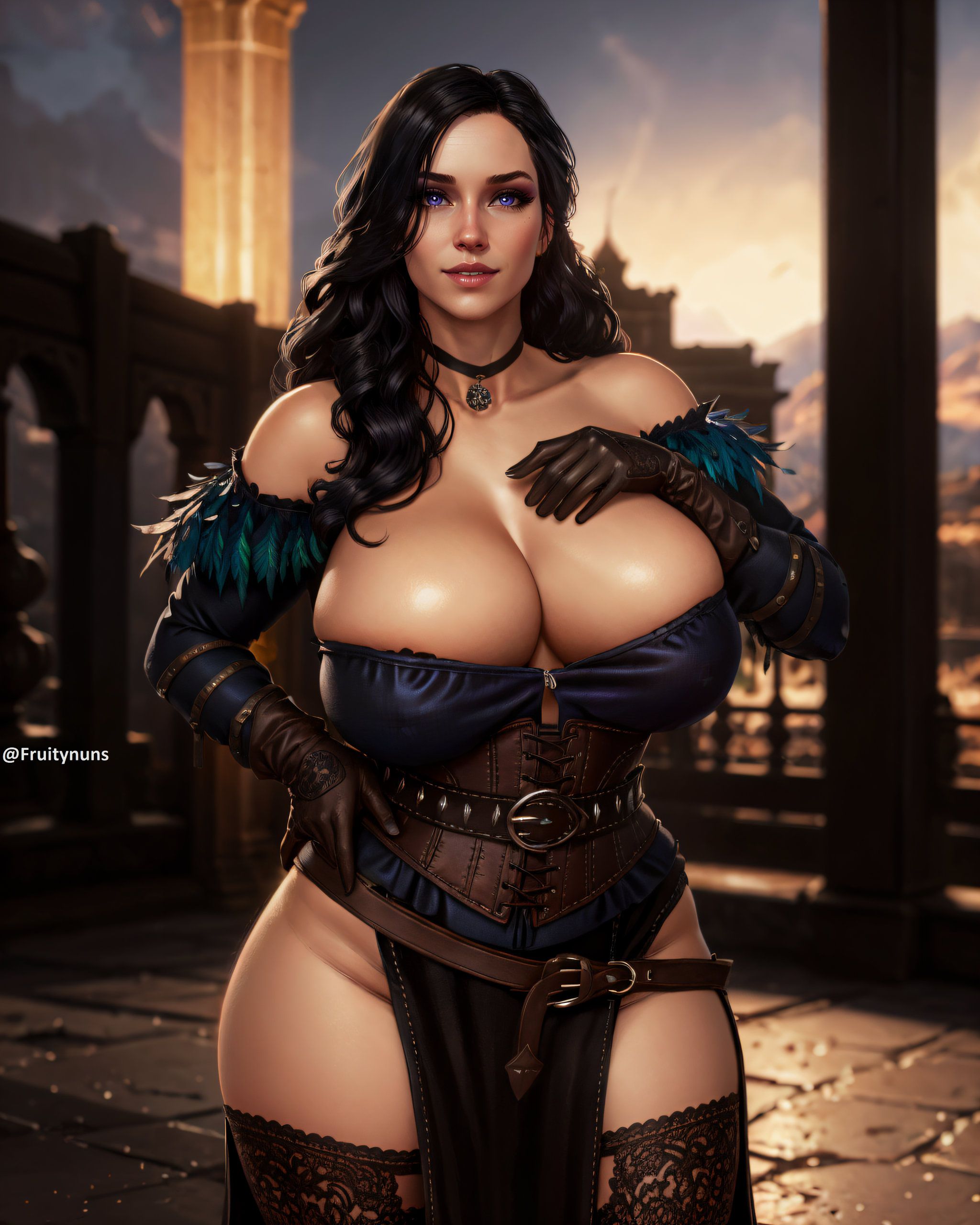 1girls, ai generated, ai hands, barely contained breasts, big breasts, black choker, black hair, breasts, bursting breasts, busty, cd projekt red, choker, cleavage, facing viewer, fat breasts, female, fruitynuns, huge breasts, looking at viewer, massive breasts, outdoors, overflowing breasts, purple eyes, solo, the witcher (series), the witcher 3: wild hunt, thick thighs, top heavy, yennefer