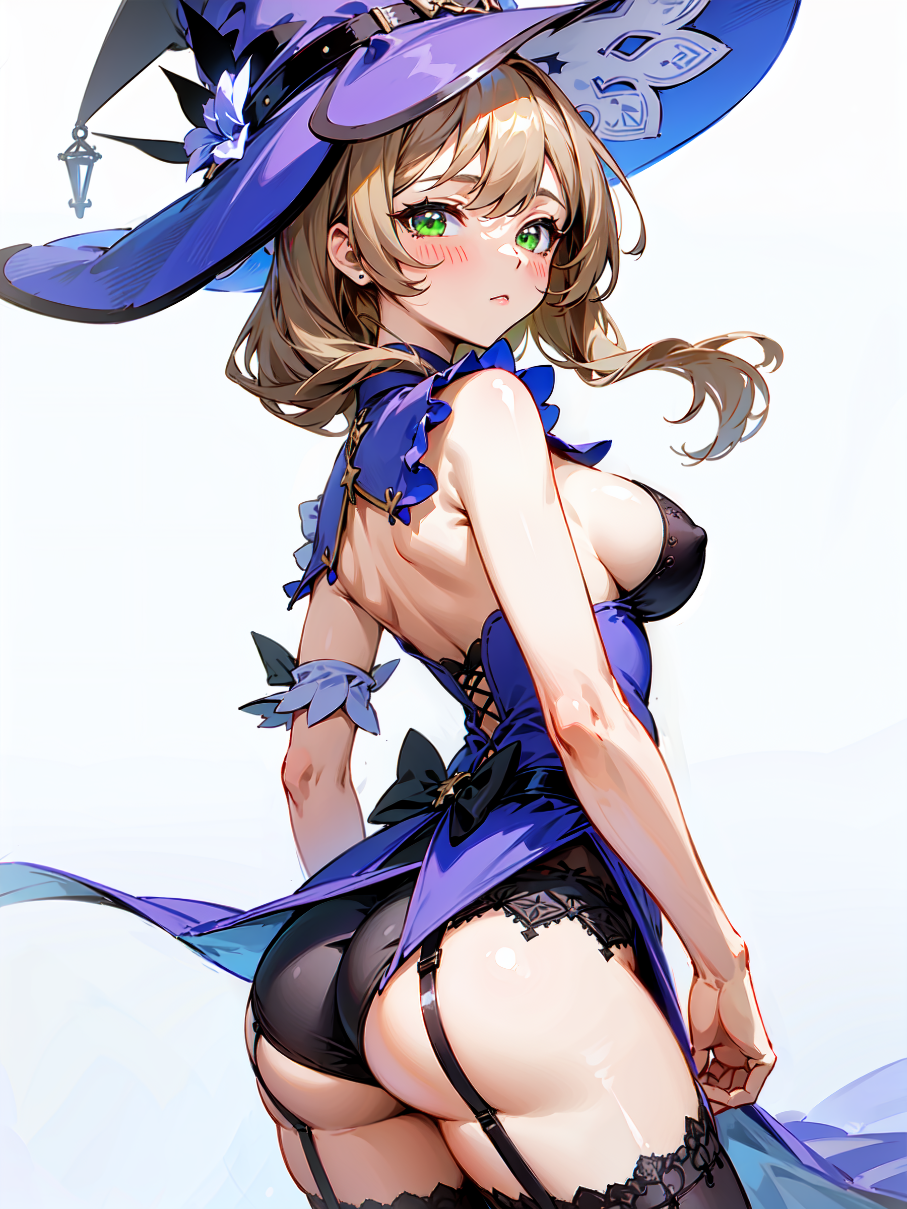 1girls, ai generated, ass, ass focus, bare shoulders, big ass, big breasts, blush, breasts, brown hair, dress, female, female only, from behind, garter belt, genshin impact, green eyes, hat, huge ass, light-skinned female, lisa (genshin impact), long hair, looking at viewer, medium breasts, panties, parted lips, shiny, shiny clothes, shiny hair, shiny skin, short dress, sideboob, solo, thick thighs, thighhighs, witch, witch hat