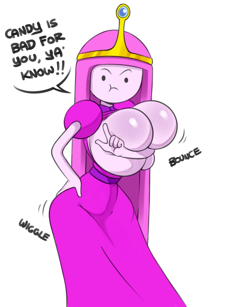 1girls adventure_time big_breasts cartoon_network covered_nipples female female_focus female_only holding_breasts huge_breasts large_breasts looking_at_viewer mob_face pink_body pink_hair pink_skin princess_bubblegum solo solo_female solo_focus speech_bubble squidapple text wide_hips