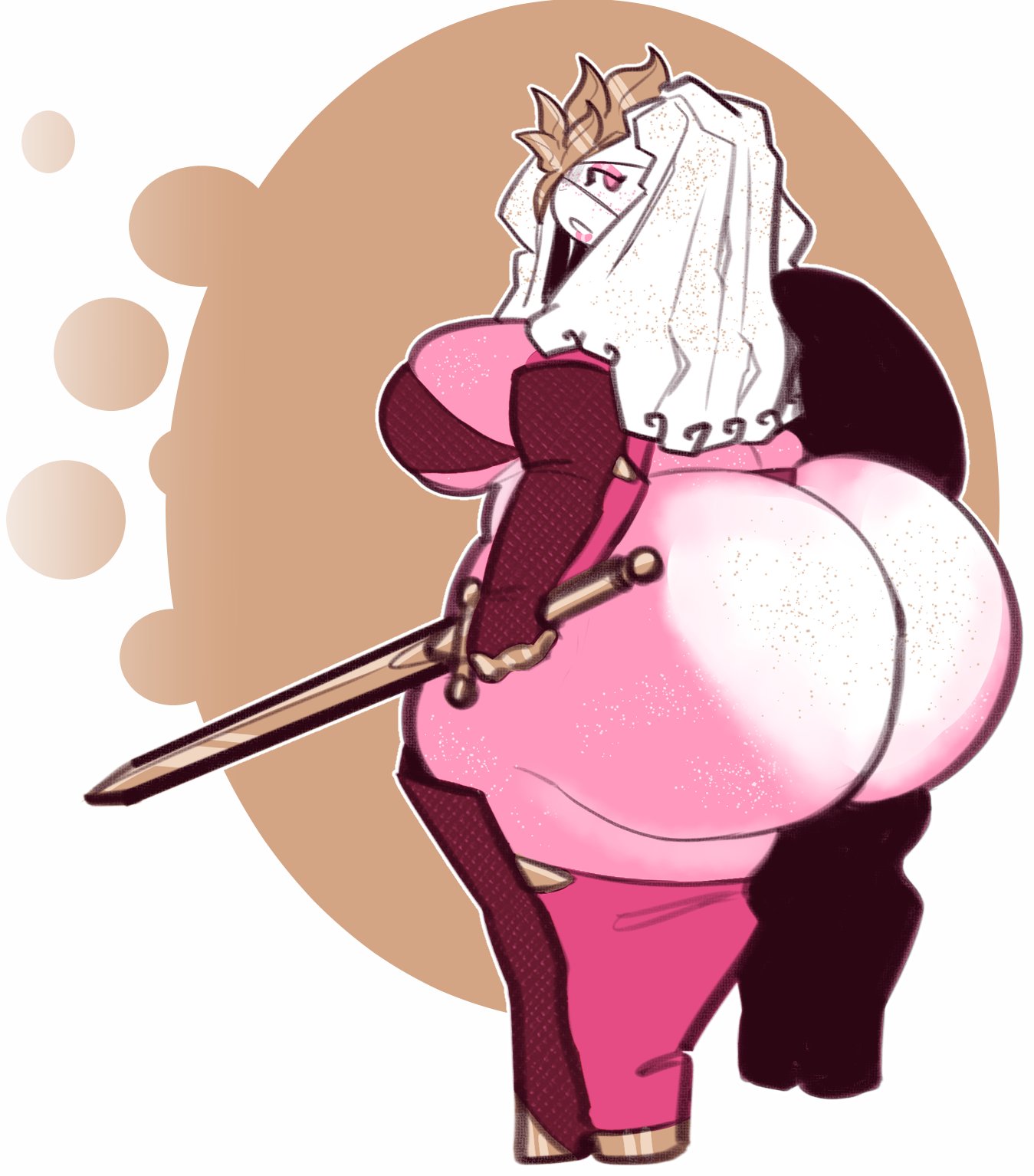 1girls, 2020, ass, ass focus, back view, big ass, big breasts, breasts, chubby, chubby female, curvy, curvy figure, dongwongtang, fat ass, female, gigantic ass, holding sword, holding weapon, huge ass, large ass, long hair, looking back, oc, original, original character, pink skin, rear view, shortstack, simple background, solo, solo focus, sondra dimshield, sword, thick thighs, thong, white hair, wide hips