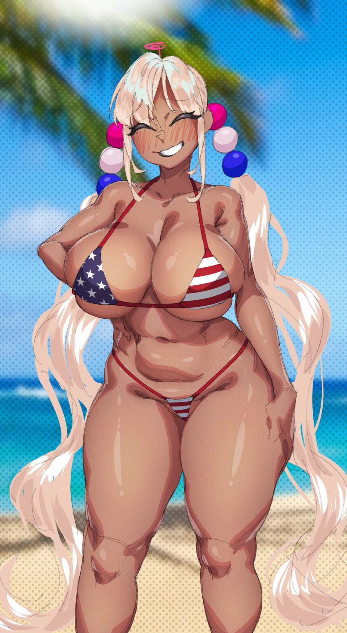 1girls american_flag_bikini beach bikini blonde_hair breasts cleavage commissioner:blitzhero female hi_res hololive hololive_english hololive_english_-council- huge_breasts long_hair makinakid outdoors tan tan-skinned_female tanned_skin tsukumo_sana twintails virtual_youtuber