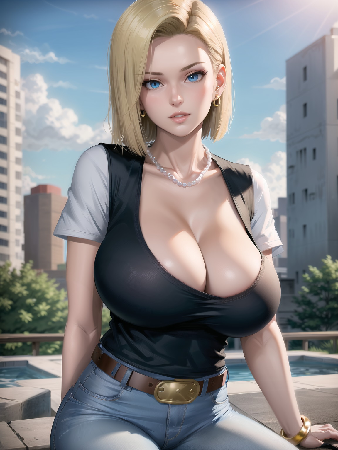 ai generated, android 18, big breasts, blonde female, blonde hair, blue eyes, breasts, cleavage, dragon ball, dragon ball z, earrings, female, jeans, necklace, pearl necklace, xepon real
