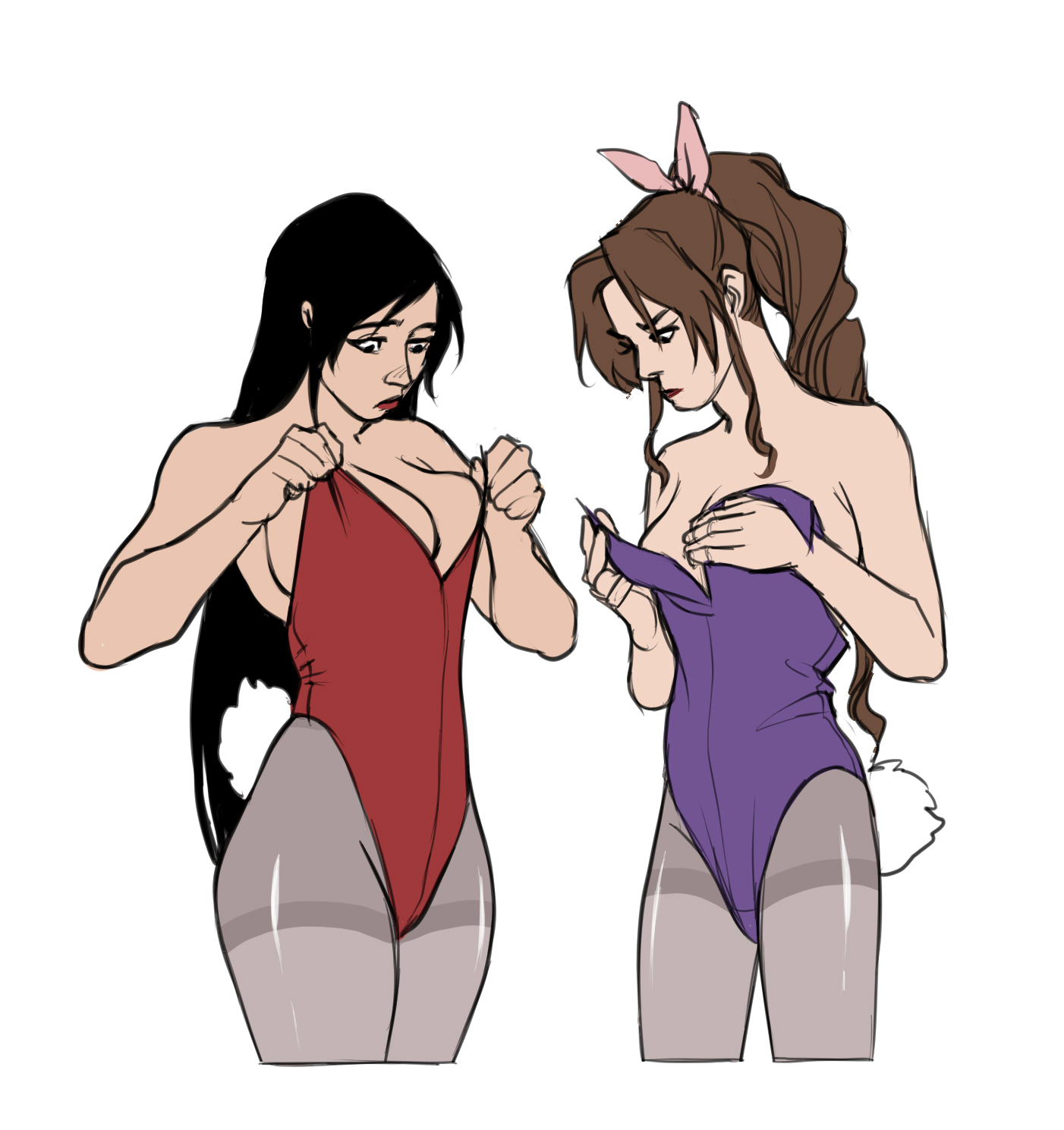 2girls, aerith gainsborough, breast envy, breasts, bunny tail, bunnysuit, busty, female, final fantasy, final fantasy vii, kaciart, large breasts, leotard, loose clothes, medium breasts, pantyhose, square enix, thick thighs, tifa lockhart, tight fit
