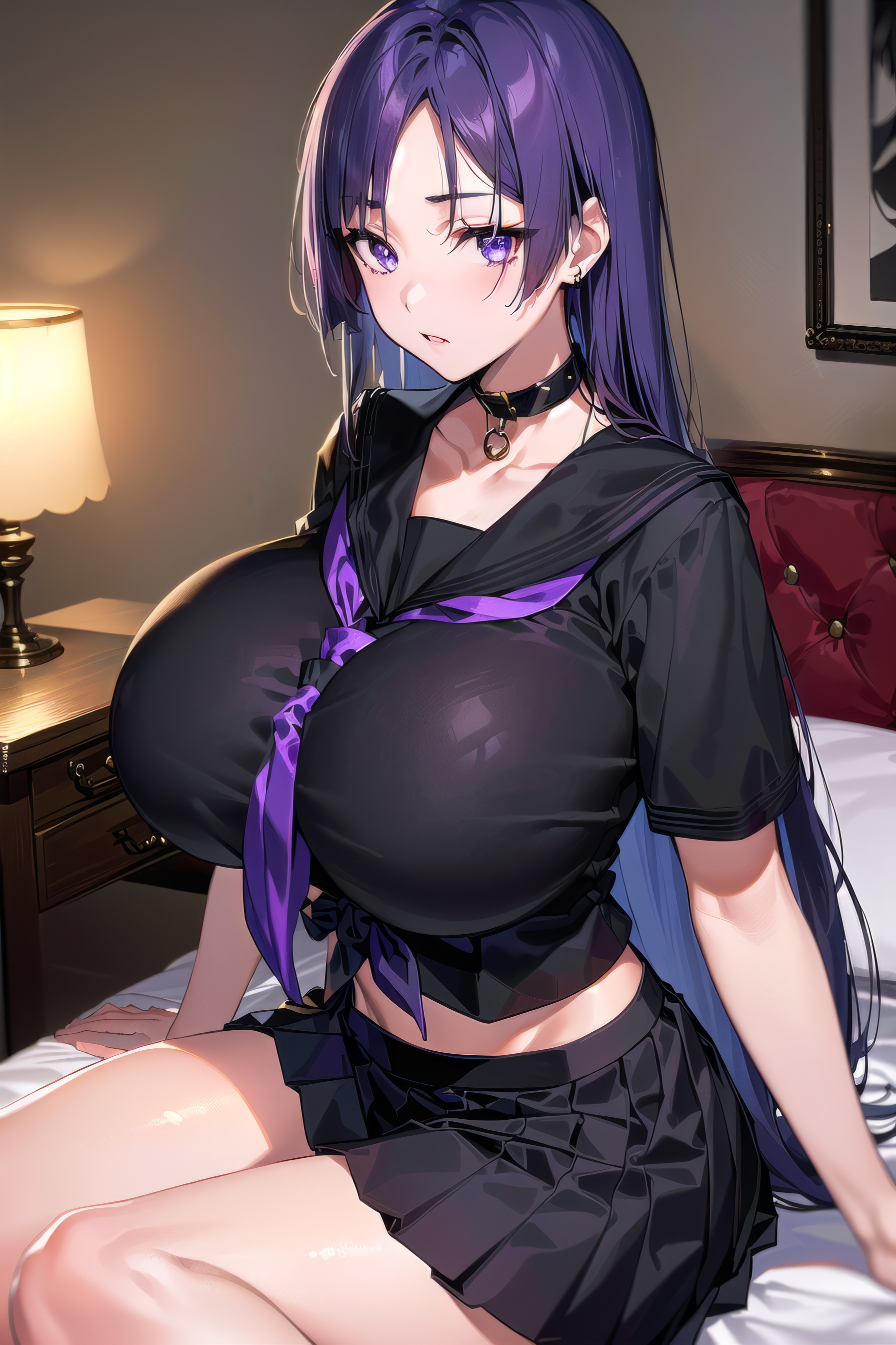 1girls, ai generated, breasts, fate (series), fate/grand order, female, hips, huge breasts, indoors, light skin, light-skinned female, long hair, massive breasts, mature female, milf, minamoto no raikou (fate/grand order), purple eyes, purple hair, school uniform, schoolgirl, stable diffusion, thick thighs, thighs, wide hips