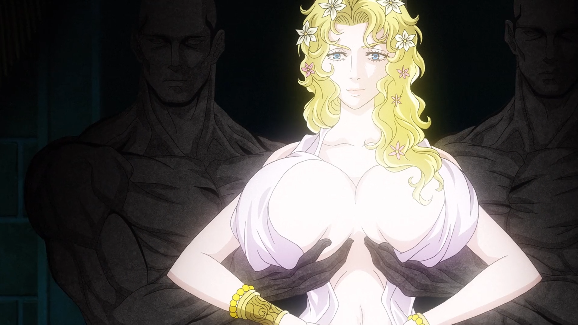 1girls, aphrodite (shuumatsu no valkyrie), blonde hair, blue eyes, breast grab, breast hold, breast lift, breasts, clothing, female, huge breasts, large breasts, screencap, shuumatsu no valkyrie