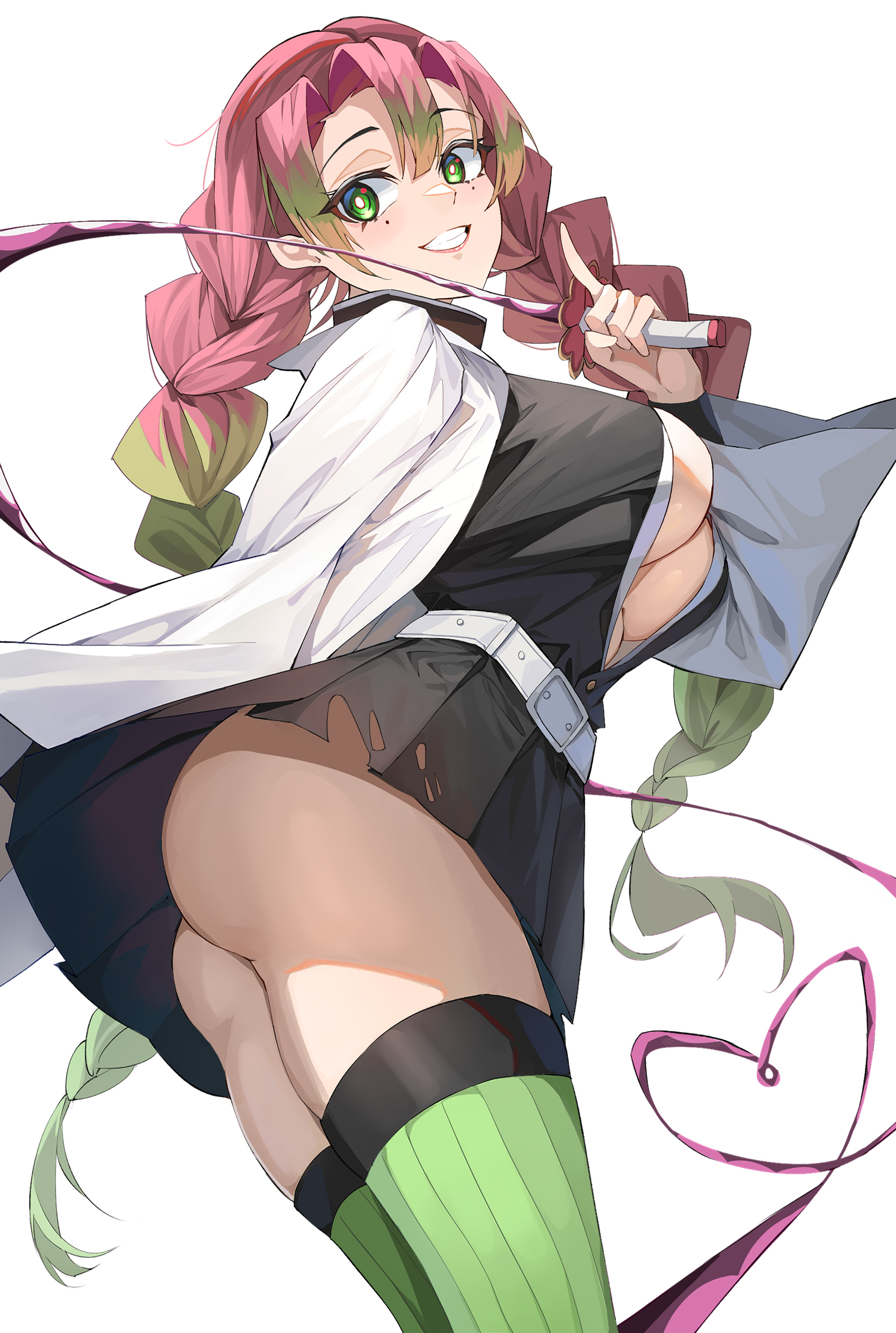 1girls, ass, big breasts, braided hair, braids, breasts, bubble ass, bubble butt, cleavage, demon slayer, female, female only, green eyes, haori, japanese clothes, kanroji mitsuri, katana, kimetsu no yaiba, long hair, looking at viewer, looking back, miniskirt, mole under eye, no bra, pink hair, pink-haired female, pleated skirt, smile, solo, sword, thighhighs, torn clothes, two-tone hair, uniform, upskirt, utsugi, very long hair, weapon