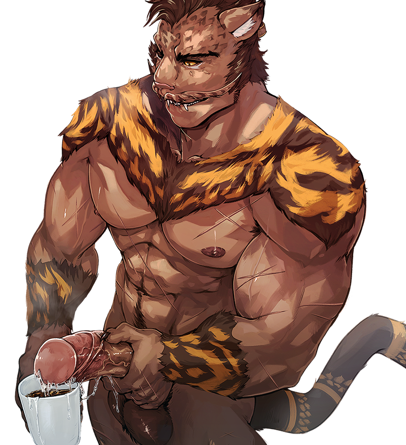 anthro balls bodily_fluids container cup felid feline final_fantasy final_fantasy_xiv fur genital_fluids genitals hrothgar kumammoto_(artist) male male_only mammal muscular muscular_anthro muscular_male nipples penis precum scar solo striped_body striped_fur stripes vein veiny_penis