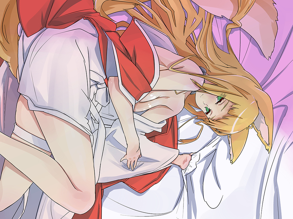 1girls bed blonde_hair breasts dungeon_ni_deai_wo_motomeru_no_wa_machigatteiru_darou_ka female fox_ears fox_girl fox_tail haruhime katsuo9 laying_down medium_breasts tagme thighs