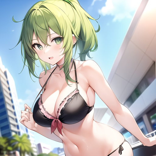 1girls ai_generated arm_down big_breasts black_bra buildings city_background clouds flushed_face green_eyes green_hair handkerchief highres palm_tree sky slim smile solo_female