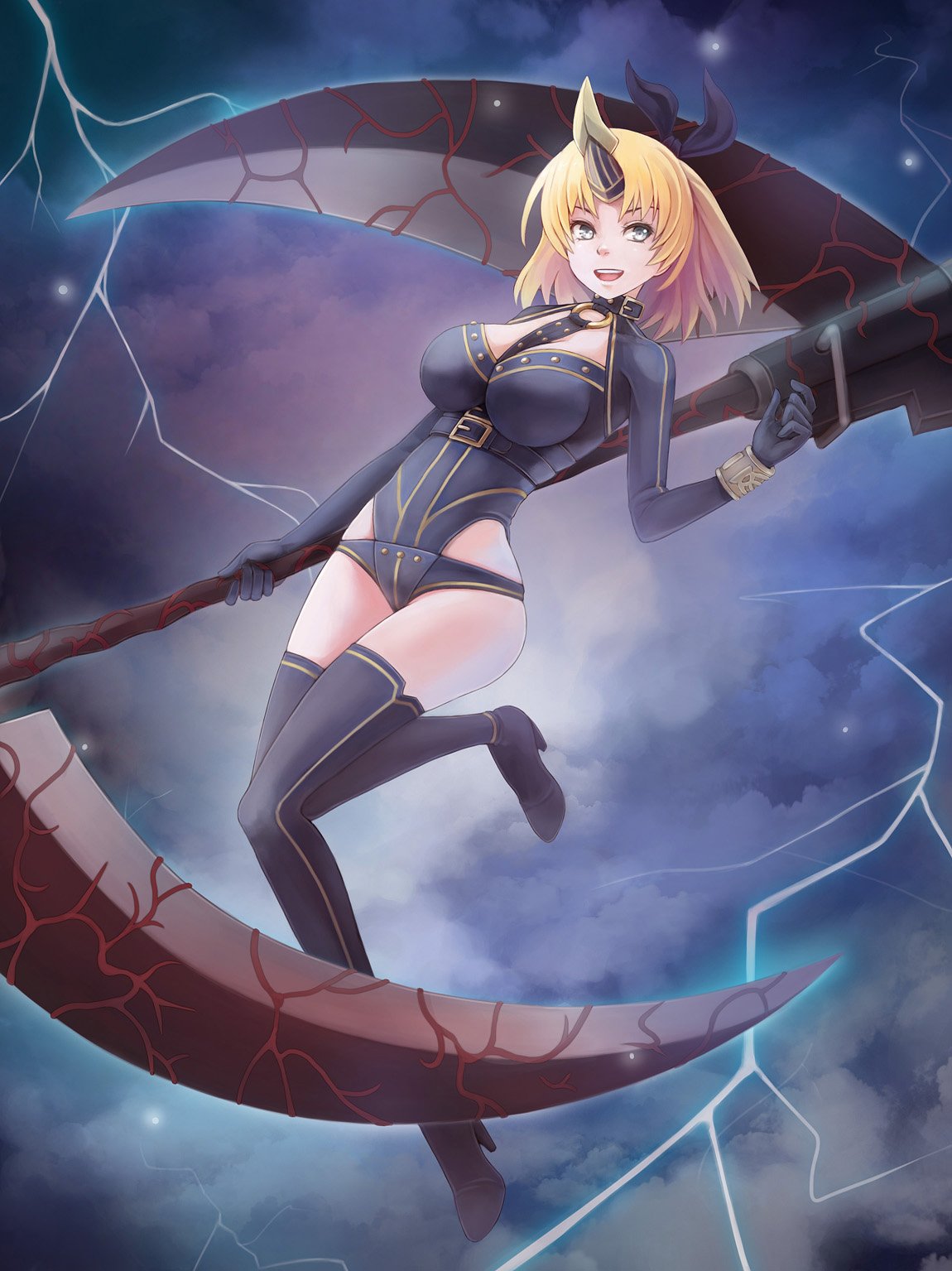 1girls big_breasts blonde_hair blue_eyes breasts busty cleavage dakara_boku_wa_h_ga_dekinai female female_only fukumune_iria large_breasts legs smile solo thighs voluptuous weapon