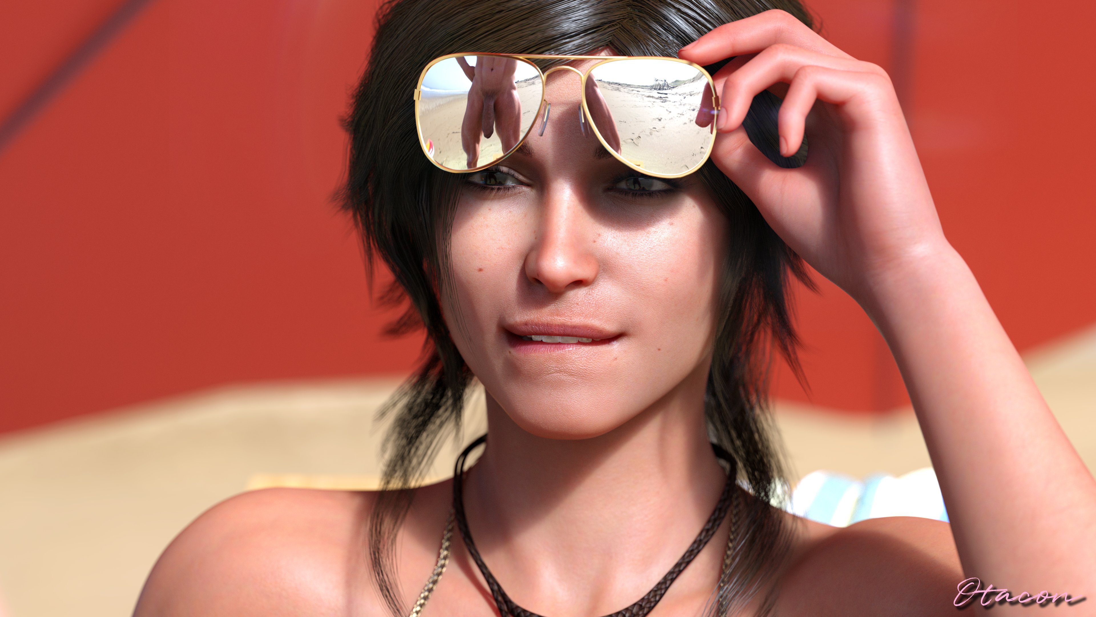 1boy, 1girls, 3d, aviator sunglasses, beach, bikini, biting lip, brown hair, female, female focus, lara croft, lara croft (survivor), lip biting, long hair, loving it, male, otacon212, outdoors, outside, penis, penis awe, ponytail, sunglasses, tagme, tinted eyewear, tomb raider, tomb raider (survivor)