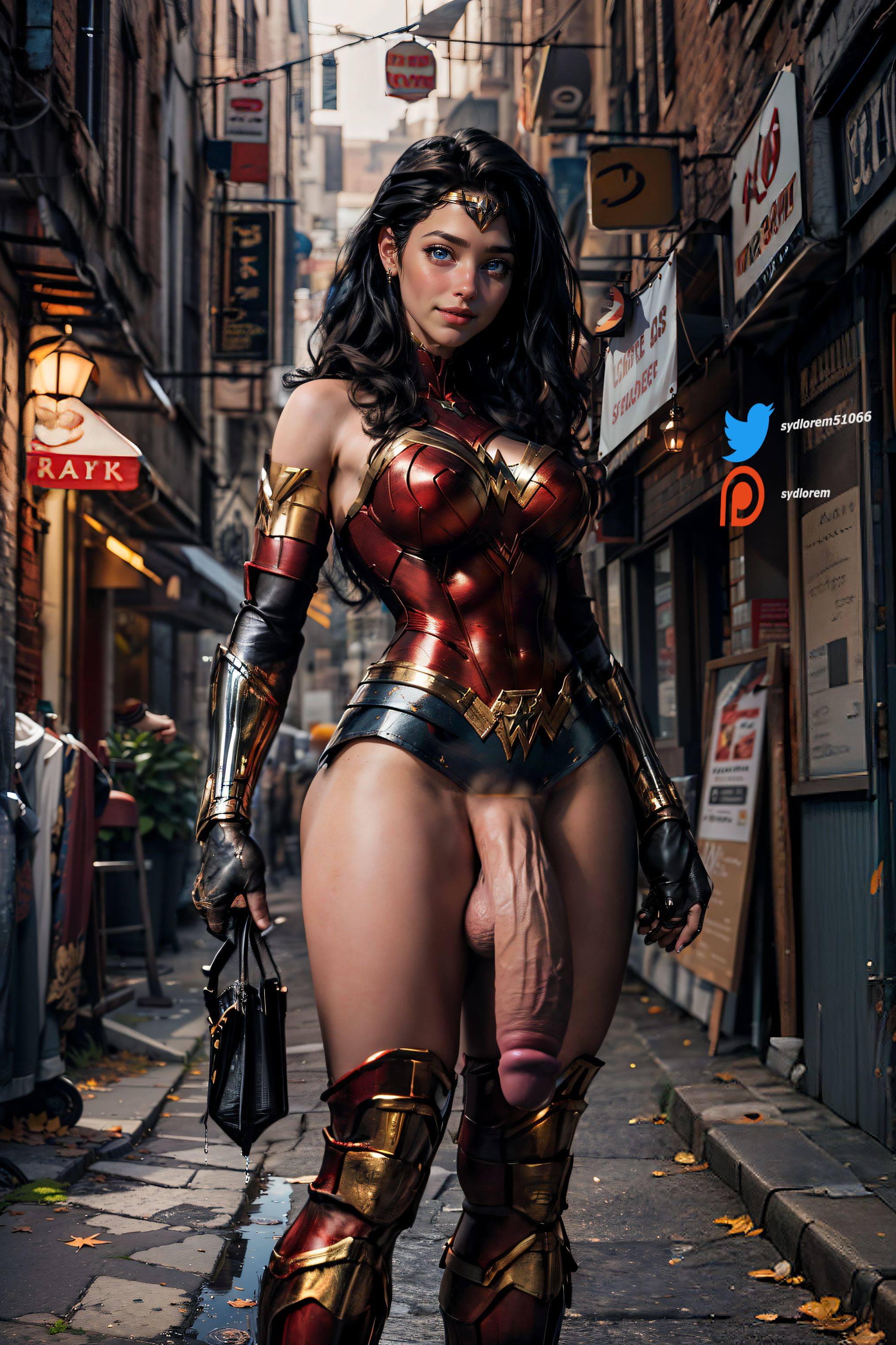ai generated, balls, black hair, blue eyes, dc, dc comics, flaccid, flaccid penis, futa only, futanari, holding bag, holding object, huge cock, intersex, large balls, long hair, long penis, looking at viewer, nai diffusion, partially nude, penis, realistic, shopping, solo, stable diffusion, street, sydlorem, wonder woman, wonder woman (series)