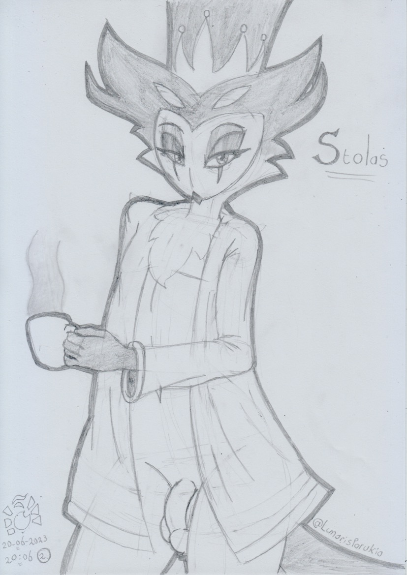 2023 anthro avian balls bathrobe bedroom_eyes bird clothed clothing demon flaccid foreskin genitals graphite_(artwork) hair helluva_boss holding_mug holding_object looking_at_viewer lunaris_parukia male mug multi_eye narrowed_eyes navel nude open_bathrobe open_clothing owl owl_demon penis robe seductive solo stolas_(helluva_boss) traditional_media_(artwork)