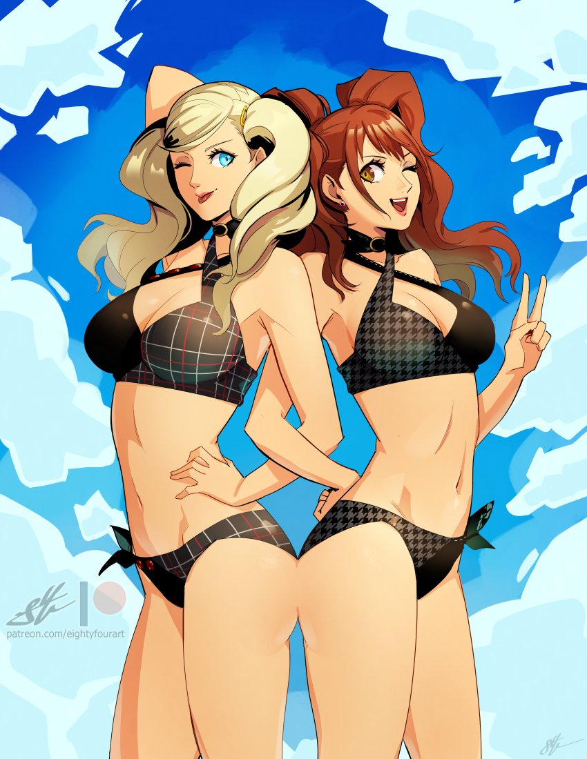 2girls ann_takamaki atlus big_breasts bikini blonde_hair blue_eyes breasts brown_eyes brown_hair clothing eightyfourart female female_only human kujikawa_rise large_breasts light-skinned_female light_skin lovers_arcana megami_tensei multiple_girls pale-skinned_female pale_skin persona persona_4 persona_5 swimsuit swimwear thick_thighs twintails