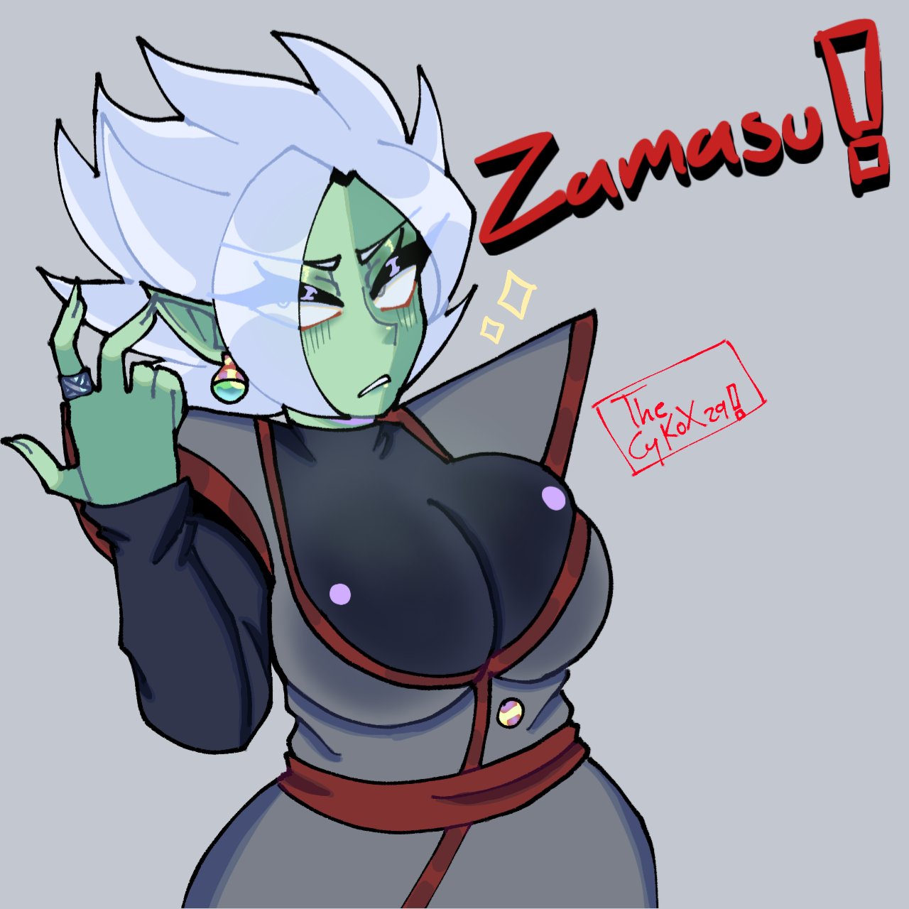 1female 1girls big_boobs big_breasts clothed clothing dragon_ball dragon_ball_super earrings eyes_visible_through_hair female female_focus female_only female_zamasu fused_zamasu genderbend genderswap genderswap_(mtf) girl green_skin grey_background only_female pointy_ears potara_earrings ring rule_63 signature simple_background solo solo_female solo_focus spiky_hair thecykox29! white_hair zamasu