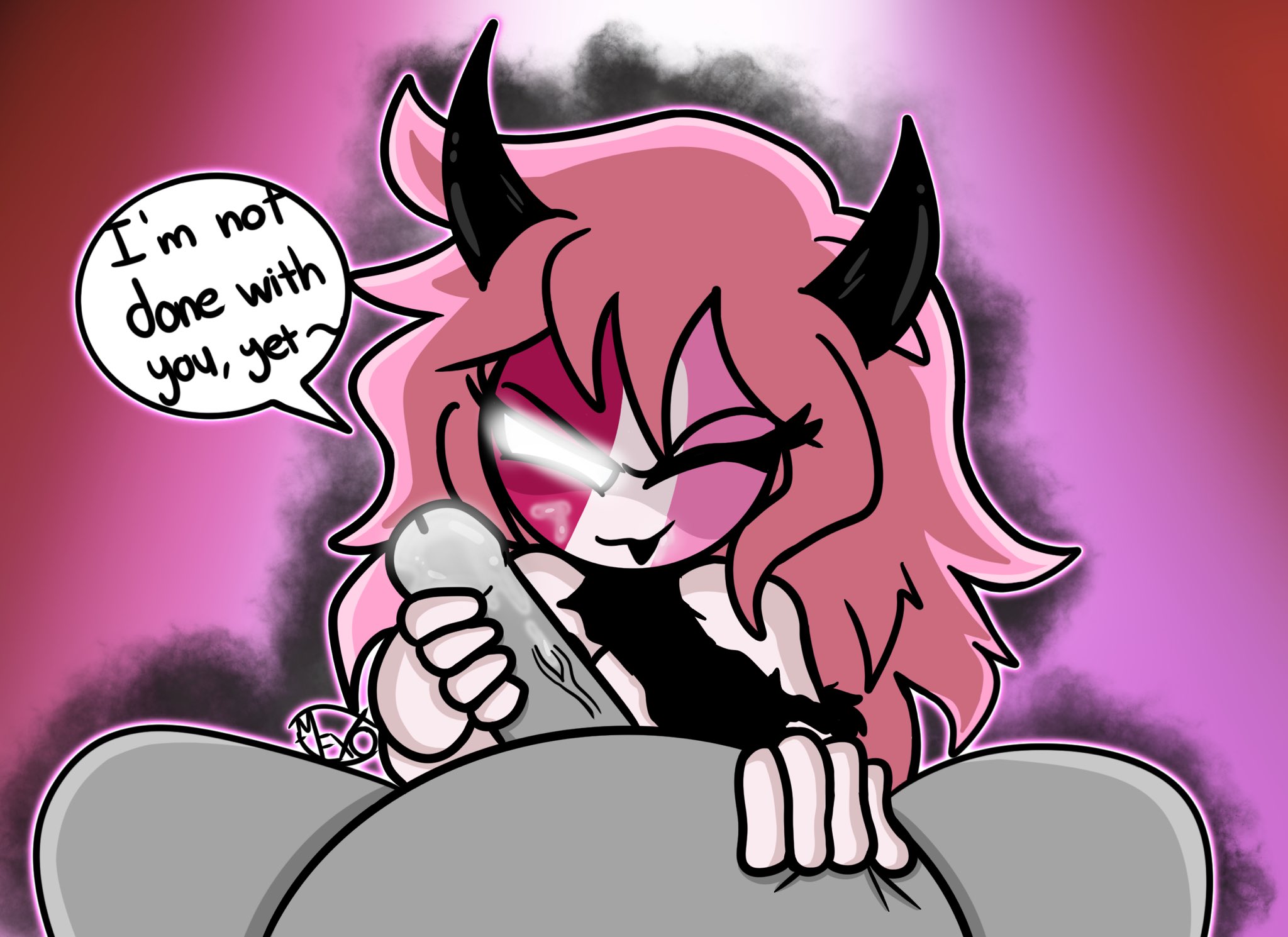 anon, artist signature, black clothing, cum, cum on face, cum on penis, demon, demon girl, demon horns, dialogue, dominant female, english text, female, femdom, friday night funkin, friday night funkin mod, glowing eye, grabbing belly, grey body, grey penis, hand on penis, handjob, jpg, long hair, male, megaexo, mid fight masses, multicolored face, one eye closed, open mouth, penis, pink hair, ripped clothing, sarvente (dokki.doodlez), sarvente (friday night funkin), succubus, text, text bubble