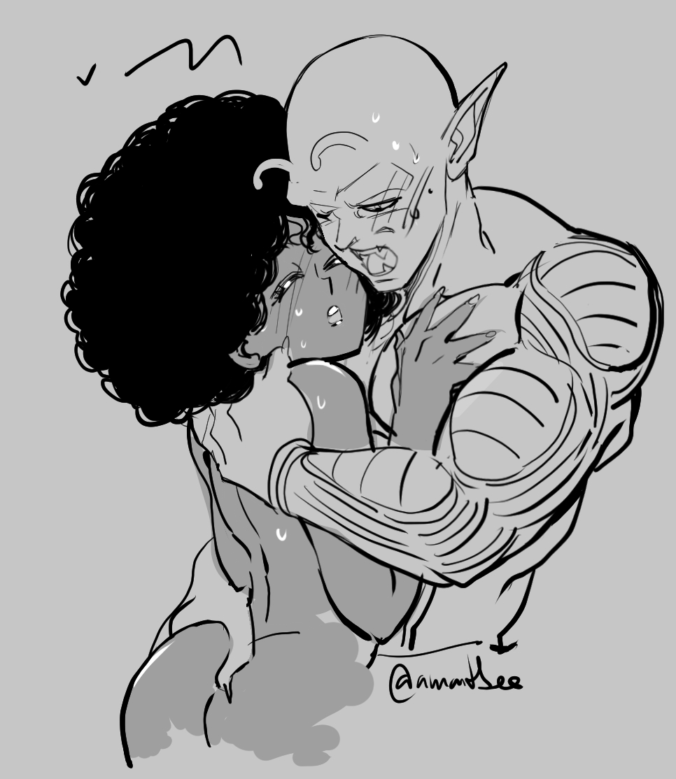 afro afro_hair alien amartbee ass butt_grab dragon_ball dragon_ball_super duo female grey_background hand_on_butt human janet_(dragon_ball) male male/female mammal namekian nude open_mouth piccolo simple_background