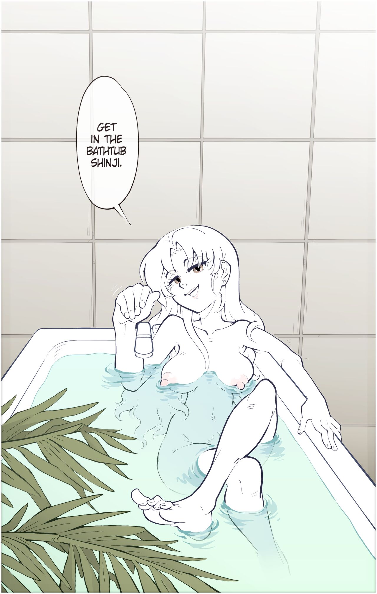 1girls, ass, barefoot, bath, bathroom, bathtub, breasts, comic, crossed legs, dialogue, earrings, english, english text, feet, female, female focus, hips, horny, invitation, inviting, inviting to sex, legs crossed, long hair, male, mature female, midriff, milf, misato katsuragi, naked, naked female, navel, neon genesis evangelion, nipples, nude, nude female, older female, pov, pussy, seducing, seduction, seductive, seductive eyes, seductive gaze, seductive look, seductive smile, shinji ikari, sparrow (artist), speech bubble, text, toes, vagina, water, younger male