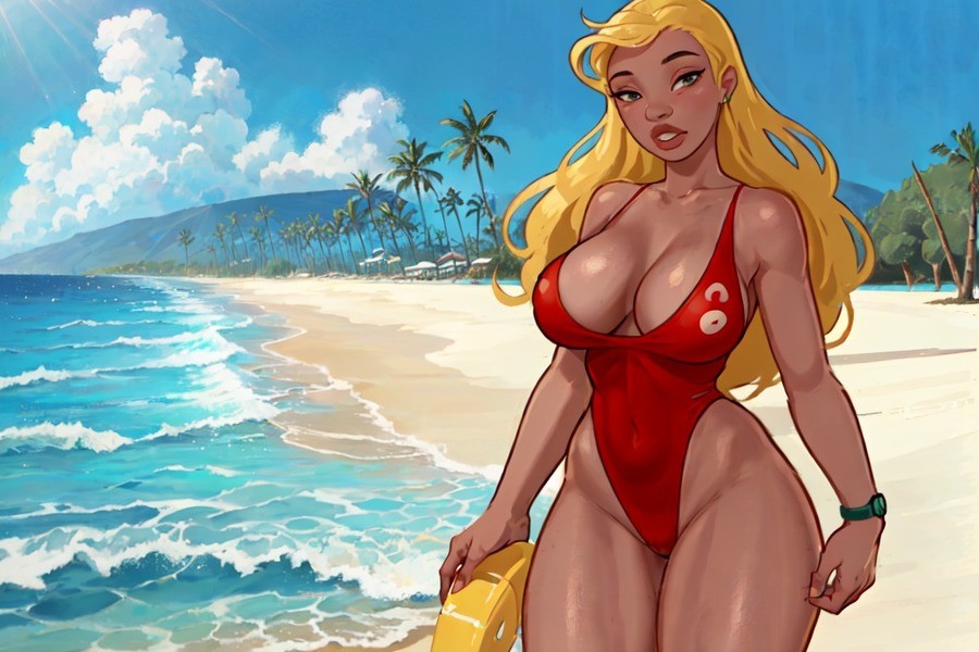 1girls ai_generated beach blonde_female blonde_hair cleavage clothed_female disney female female_only green_eyes hawaiian lifeguard lifeguard_(lilo_and_stitch) lilo_and_stitch long_hair one-piece_swimsuit red_swimsuit shizmaboof solo solo_female straight_hair swimsuit tan_skin thick_thighs watch