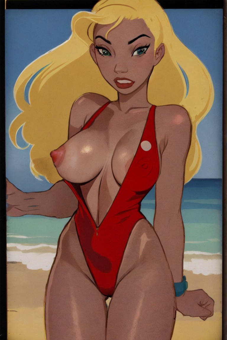 1girls ai_generated blonde_female blonde_hair breasts disney erect_nipples exposed_breasts female female_only green_eyes hawaiian irritated lifeguard lifeguard_(lilo_and_stitch) lilo_and_stitch long_hair one-piece_swimsuit red_swimsuit shizmaboof solo_female straight_hair swimsuit swimsuit_aside tan_skin teeth_showing wardrobe_malfunction