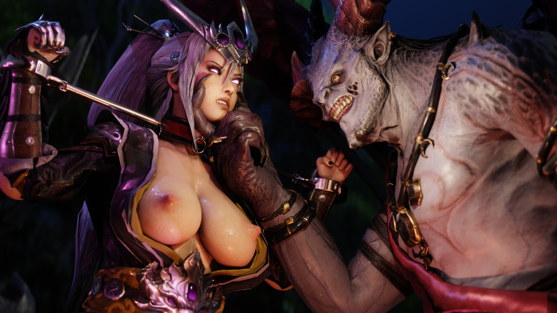 1girls, 3d, arms up, azazel (warhammer), bottomless, breasts, captured, captured heroine, chaos (warhammer), chaos daemon, collar, daemonette, defeated, defeated heroine, enslaved, female, femsub, forced exposure, grabbing face, large breasts, miao ying, monster, no bra, no panties, restrained, restraints, slave, slave collar, slave girl, soboro, stripped, stripped naked, warhammer (franchise), warhammer fantasy