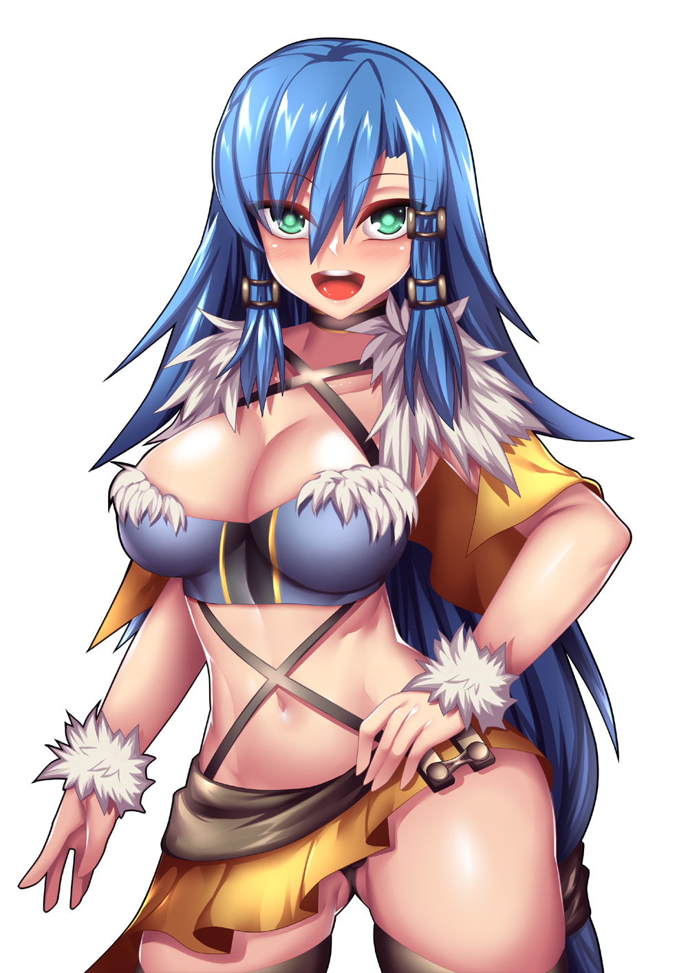 1girls black_panties blue_hair breasts cleavage female female_only fi-san final_fantasy final_fantasy_crystal_chronicles green_eyes hourglass_figure large_breasts long_hair looking_at_viewer midriff navel open_mouth revealing_clothes simple_background skirt square_enix wolfie_selkie wolfie_selkie_(female)