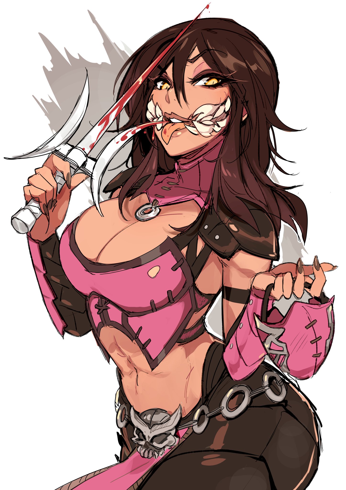 1girls, almightychiru, belt, belt buckle, big breasts, big thighs, black hair, blood, breasts, edenian, female, female only, fully clothed, hi res, midriff, mileena, mortal kombat, mortal kombat x, purple skin, sai (weapon), sfw, sharp teeth, solo, solo female, tarkatan, thighs, tongue, tongue out, weapon, yellow eyes