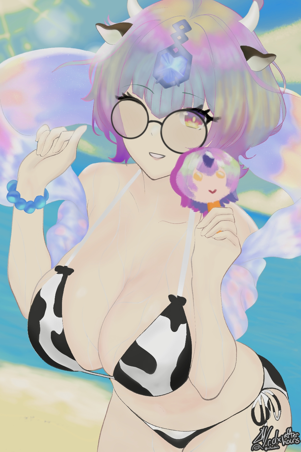 1girls alternate_costume bare_shoulders bare_thighs beach bikini blue_hair breasts cleavage cloud cow_girl cow_print cow_print_bikini female female_only fire_emblem fire_emblem_heroes food glasses grin horns ice_cream large_breasts leaning_forward looking_at_viewer multicolored_eyes multicolored_hair nintendo ocean one_eye_closed outdoors pink_hair purple_eyes purple_hair rotomdocs sand seidr_(fire_emblem) short_hair shoulders sideboob smile solo sun sunlight swimsuit thighs water wet wide_hips wink yellow_eyes