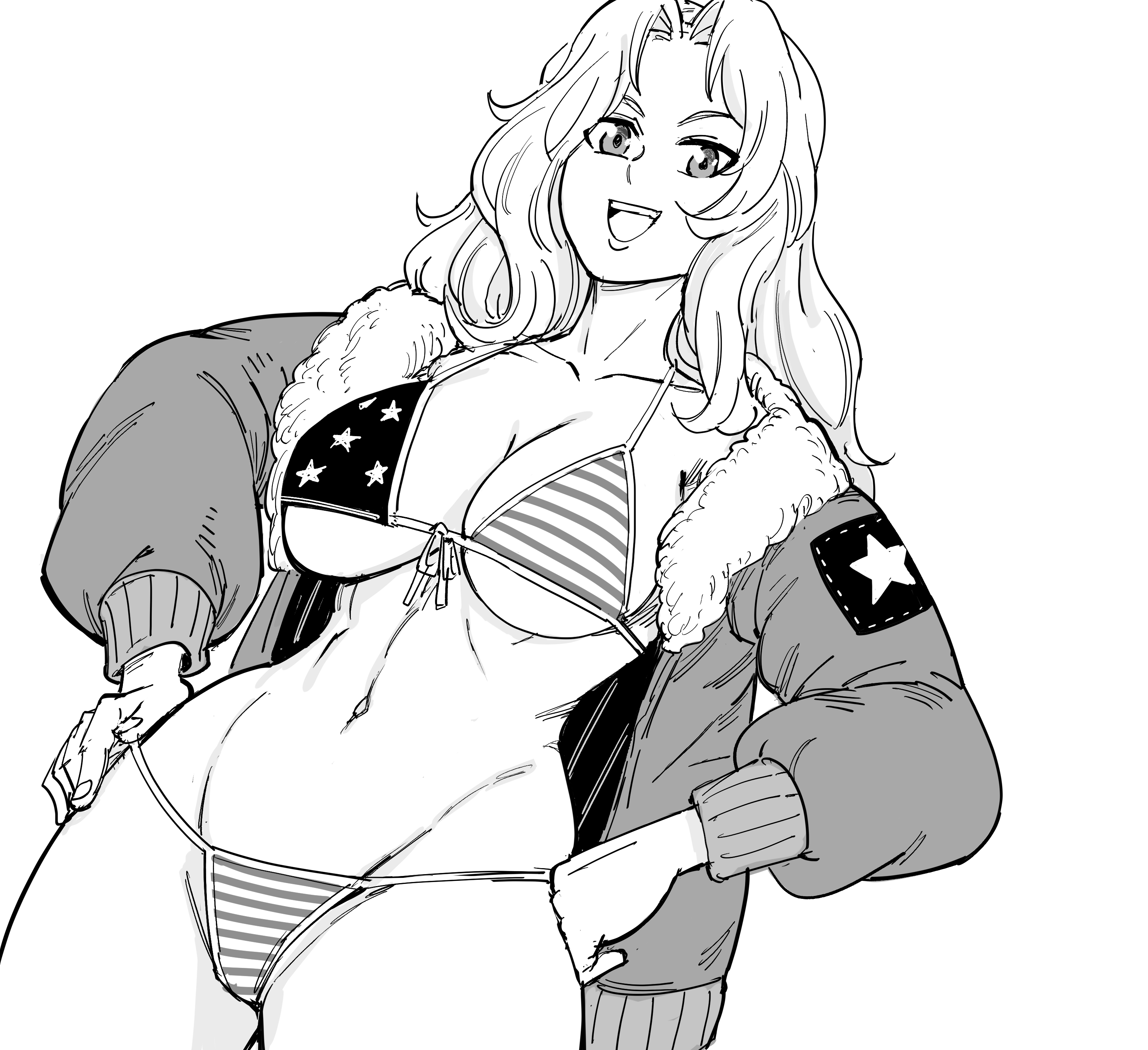 1girls, american flag bikini, american flag swimsuit, bb (baalbuddy), big breasts, bikini, bomber jacket, breasts, busty, child bearing hips, cleavage, curvy, female, female focus, female only, flag print, front-tie bikini top, front-tie top, girls und panzer, greyscale, hands on hips, highres, jacket, kay (girls und panzer), large breasts, linea alba, looking at viewer, monochrome, navel, open clothes, open jacket, plunging neckline, pose, posing, sensual, smile, solo, straight hair, swimsuit, teeth, toned, underboob, upper teeth, wide hips