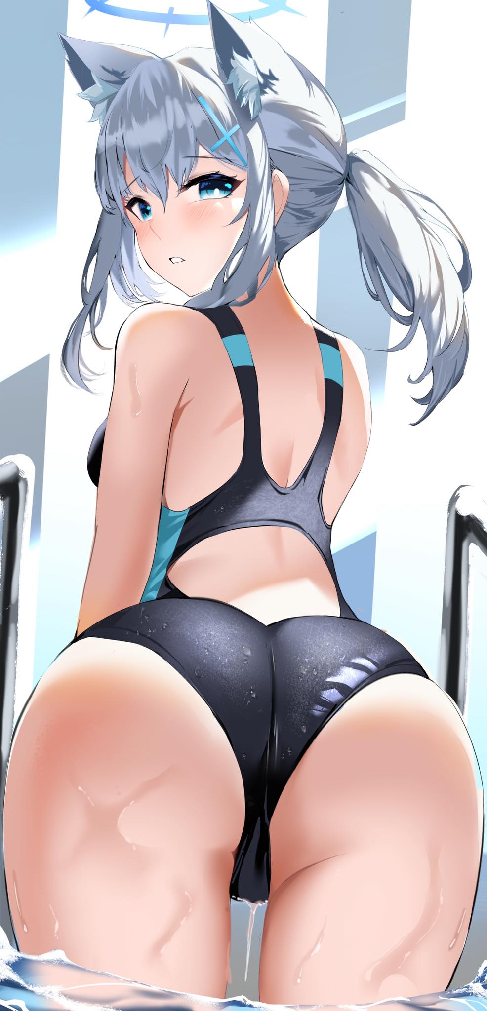 ass, blue archive, cameltoe, female, huge ass, one-piece swimsuit, pussy, rear view, shiroko (blue archive), shiroko (swimsuit) (blue archive), swimming pool, swimsuit, thick thighs, wesker1025s, wide hips