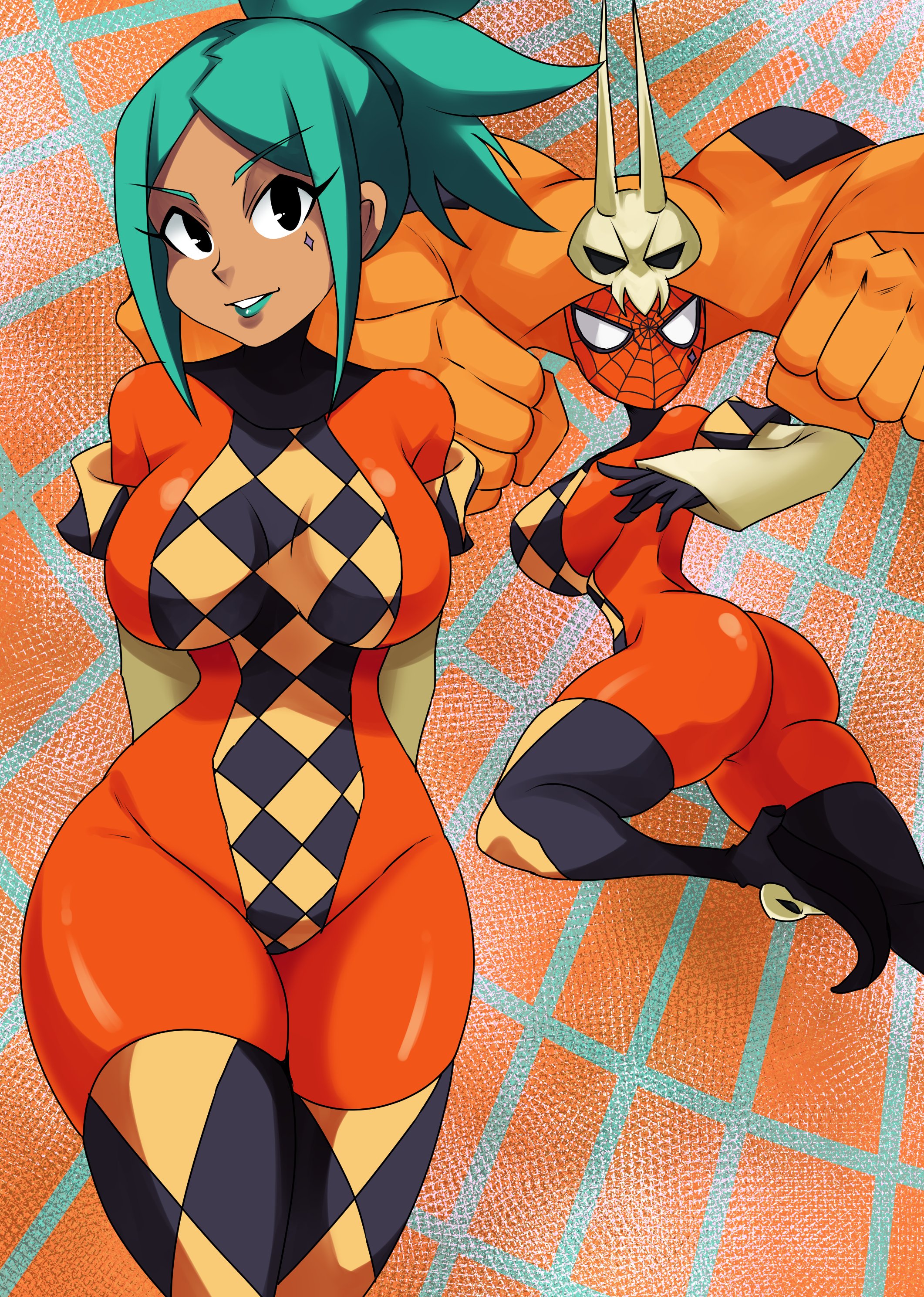 ass, big ass, big breasts, big thighs, breasts, cassandra veranos, cerebella, crossover, crossplay, female, female only, green hair, green lipstick, lipstick, marvel, marvel comics, mask, masked, masked female, skullgirls, smile, smiling, solo, solo female, spider-man, spider-man (cosplay), spider-man (series), superheroine, thighs, tobyllitos, vice-versa