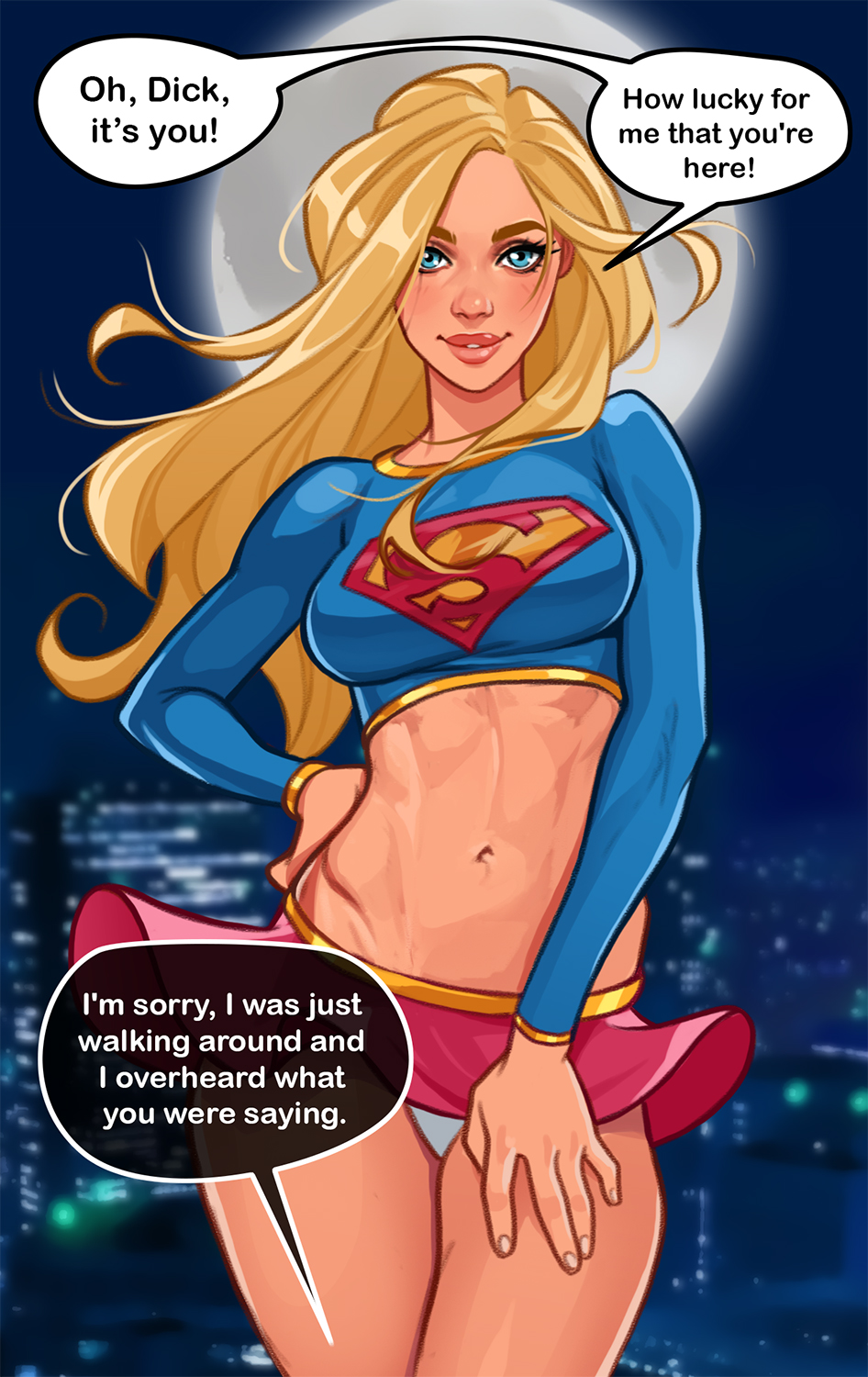 2d big_ass big_breasts blonde blonde_female blonde_hair blue_eyes breasts comic comic_page dc dc_comics dialogue dick_grayson excited female horny_female hourglass_figure kara_danvers kara_zor-el kryptonian large_breasts long_hair looking_pleasured male miniskirt minko nightwing olena_minko pleasure_face skirt skirt_lift supergirl superheroine superman_(series) thick thick_ass thick_thighs