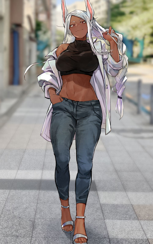 1girls abs athletic_female big_breasts braid braided_hair braided_ponytail breasts bunny_ears coat dark-skinned_female dark_skin female fit_female jeans kadeart kemonomimi long_hair midriff miruko muscular_female my_hero_academia ponytail red_eyes rumi_usagiyama slim_waist smile smiling solo solo_female toned toned_body toned_female toned_stomach usagiyama_rumi white_hair wide_hips