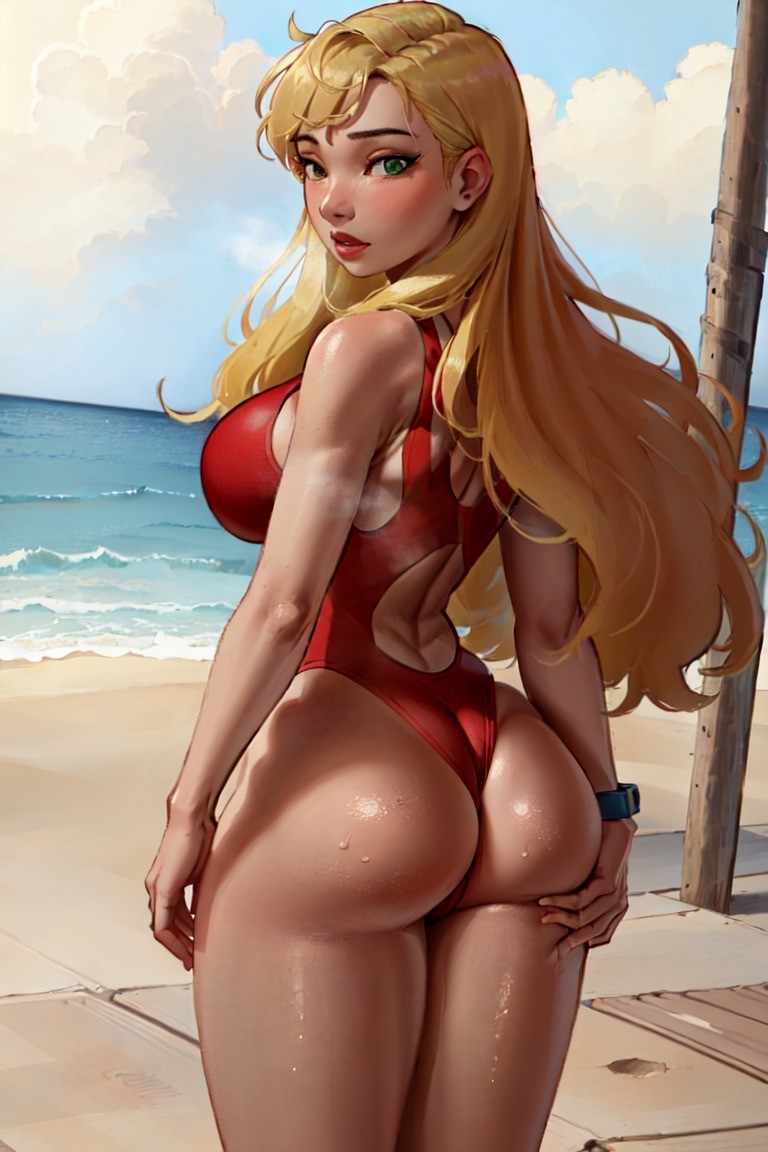 1girls, ai generated, ass, back view, blonde female, disney, female, female only, green eyes, green-eyed female, hawaiian, lifeguard, lifeguard (lilo and stitch), lilo and stitch, long hair, looking at viewer, looking back, one-piece swimsuit, red swimsuit, shizmaboof, solo, solo female, sweat, swimsuit, tan skin