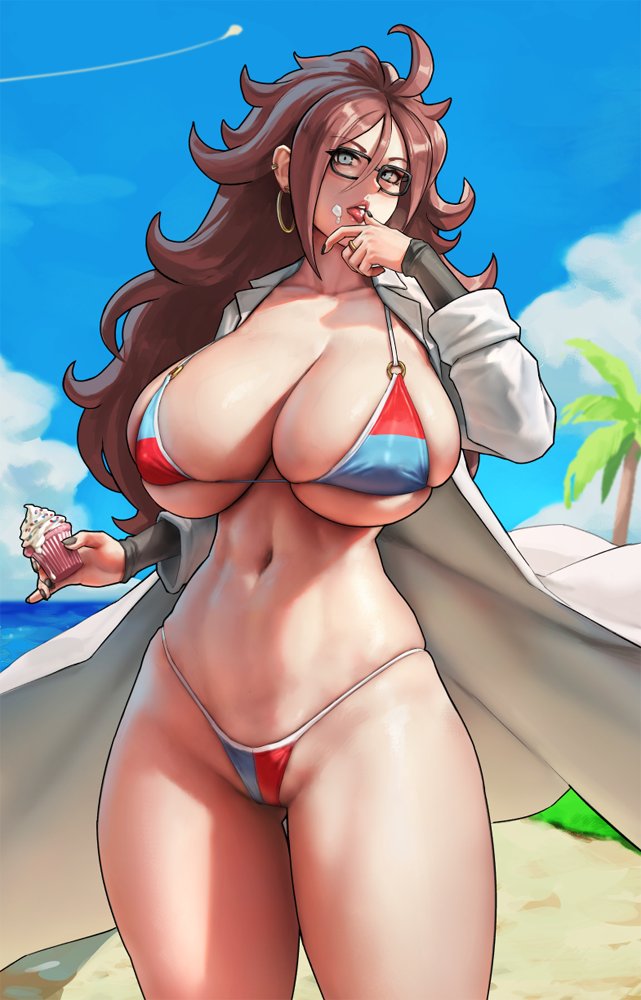 1girls, android 21, android 21 (human), bikini, blue eyes, breasts, dragon ball, dragon ball fighterz, eating, eu03, female, food, glasses, hips, huge breasts, light skin, light-skinned female, long hair, outdoors, red hair, skindentation, solo, thick thighs, thighs, vomi (dragon ball), wide hips