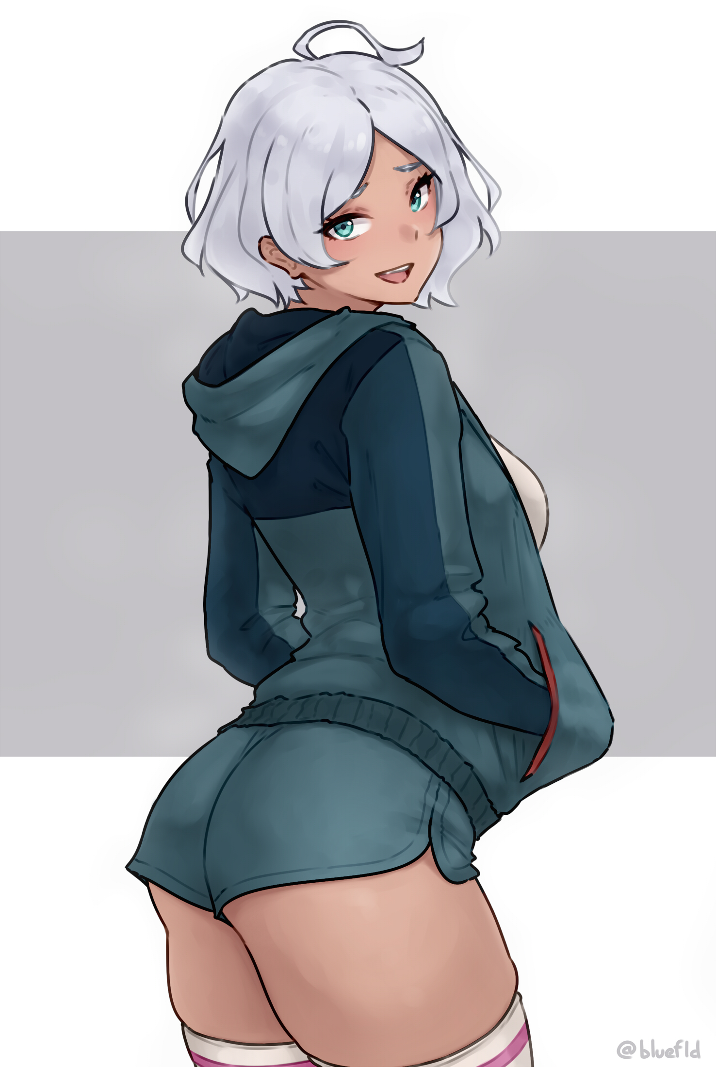 1girls, 2023, arched back, ass, big ass, bluefield, curvy, dark skin, dolphin shorts, facing away, facing viewer, female, fully clothed, green eyes, green hoodie, green shorts, gundam, gundam suisei no majo, hands in pockets, highres, hoodie, legwear, looking at viewer, secelia dote, short shorts, shorts, silver hair, smile, smirk, smug, solo, striped legwear, thick ass, thick thighs, thighhighs, thighs, turquoise eyes, zettai ryouiki