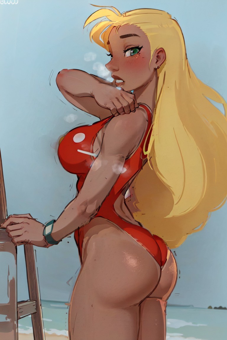 1girls, adjusting clothes, ai generated, ass, blonde female, disney, female, female only, green eyes, hawaiian, lifeguard, lifeguard (lilo and stitch), lilo and stitch, long hair, looking at viewer, looking over shoulder, one-piece swimsuit, shizmaboof, solo, solo female, straight hair, swimsuit, tan skin, teeth showing, watch