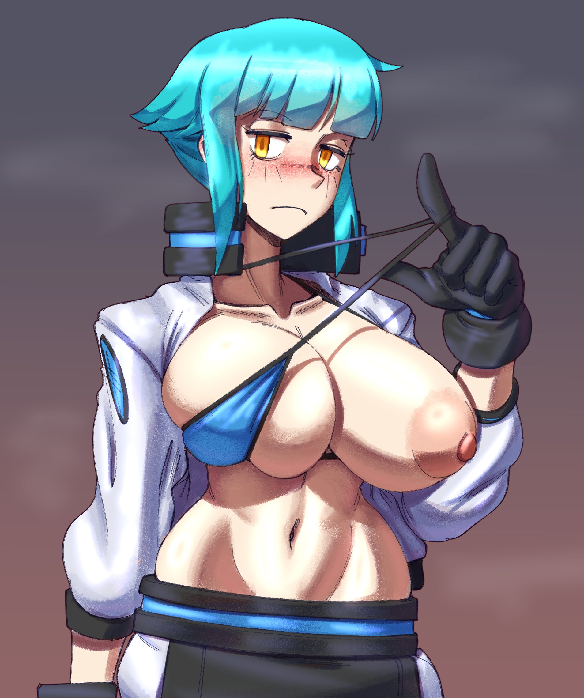 1girls, big breasts, blue hair, blush, breasts, female, gloves, looking at viewer, nonosamu, one breast out, open shirt, original, original character, partially clothed, presenting, robin (nonosamu), short hair, solo, standing, topless, yellow eyes