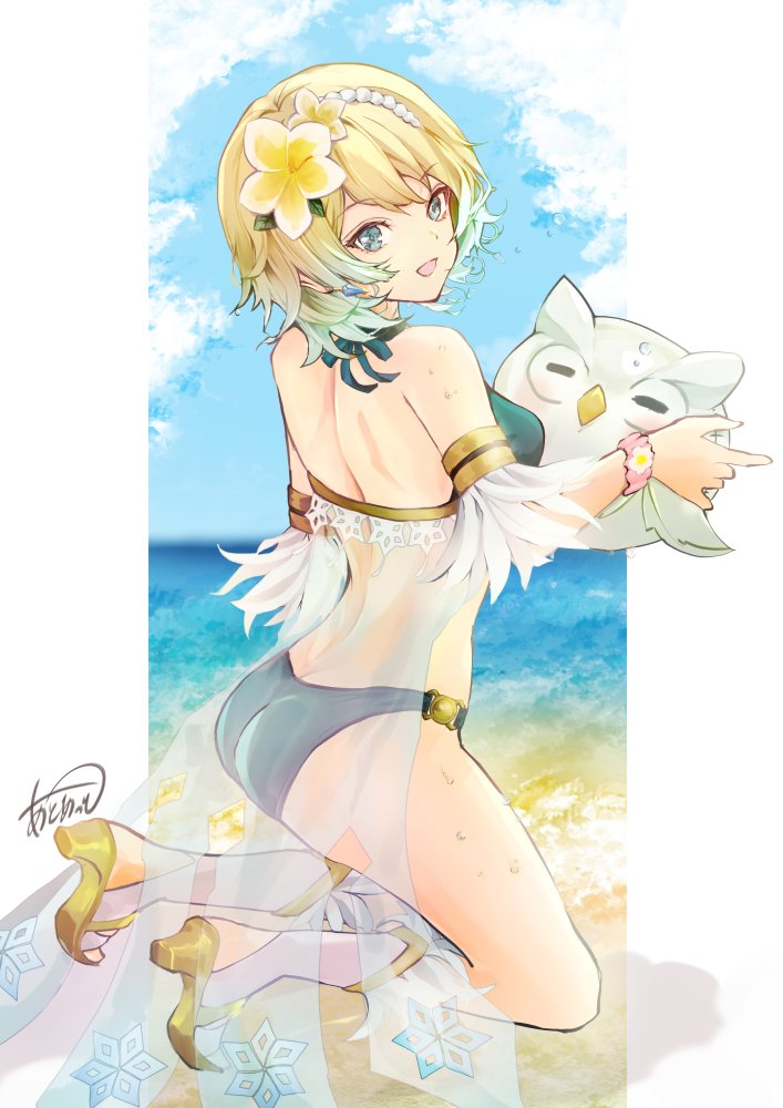 1girls alternate_costume aqua_bikini aqua_eyes aqua_swimsuit artist_name ass atoatto big_ass bikini blonde_hair breasts character_doll feh_(fire_emblem_heroes) female female_only fire_emblem fire_emblem_heroes fjorm_(fire_emblem) fjorm_(summer)_(fire_emblem) flower green_bikini green_swimsuit hair_flower hair_ornament high_heels inflatable_toy looking_at_viewer looking_back medium_breasts nintendo official_alternate_costume sandals smile solo swimsuit watermark