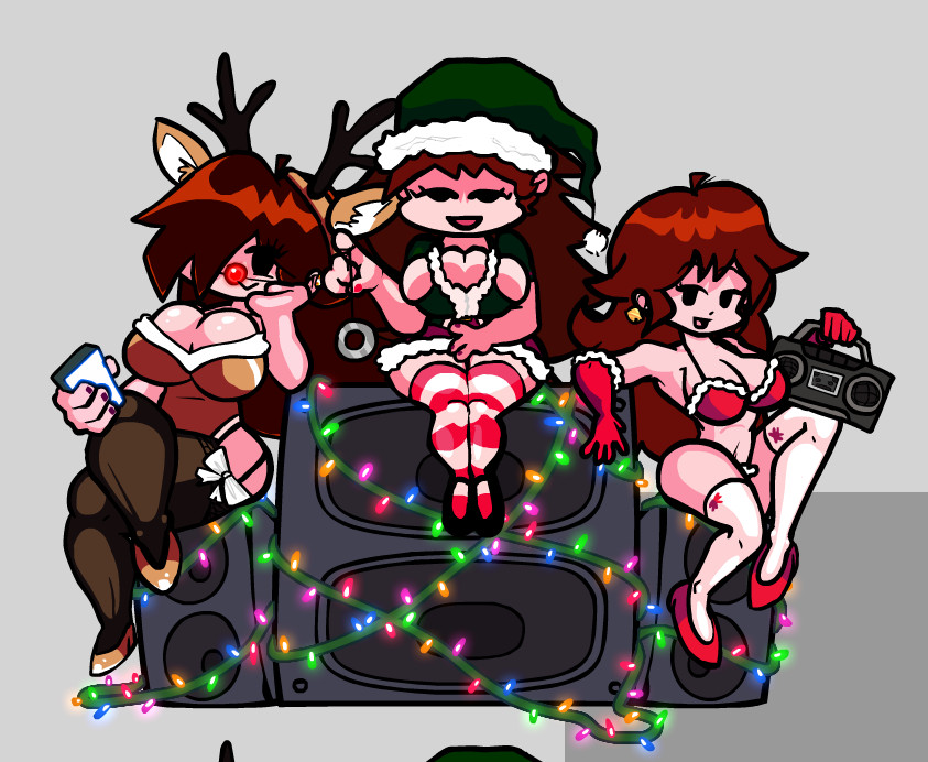 3girls, barely contained, barely contained breasts, big breasts, boob window, breasts, christmas, christmas clothing, christmas outfit, clothed, doodlydoodle, female, female only, friday night funkin, girlfriend (friday night funkin), lullaby girlfriend (fnf), multiple females, multiple girls, overflowing breasts, proteincumbar, trepidation gf (friday night funkin)
