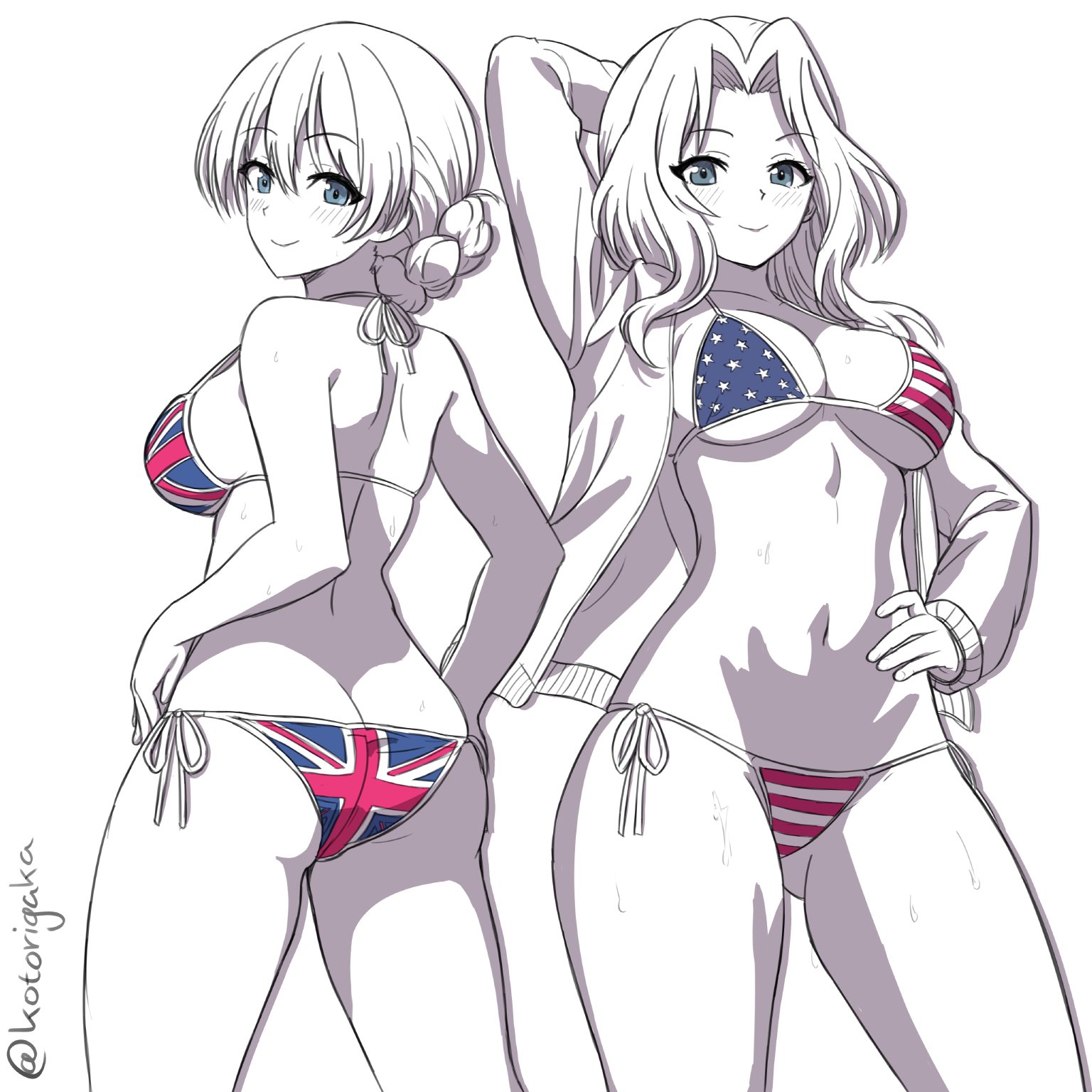 2girls, american flag, american flag bikini, ass, ass cleavage, ass crack, ass visible through thighs, bangs, bikini, blue eyes, blush, braid, breasts, british female, butt crack, darjeeling, female, flag bikini, flag print, girls und panzer, hair intakes, hand on own hip, hi res, highres, jacket, jacket open, kay (girls und panzer), kotorigaka, large breasts, long hair, looking at viewer, looking back, monochrome, multiple females, multiple girls, navel, partially clothed, partially clothed female, sideboob, simple background, smile, smiling, smiling at viewer, sweat, sweatdrop, twitter username, underboob, union jack, union jack bikini, white background
