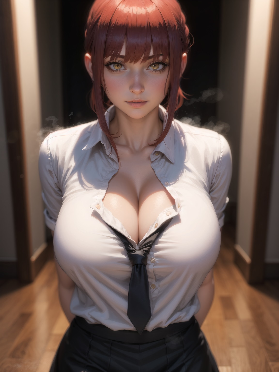 ai generated, big breasts, breasts, chainsaw man, cleavage, female, makima (chainsaw man), office lady, red hair, shounen jump, xepon real