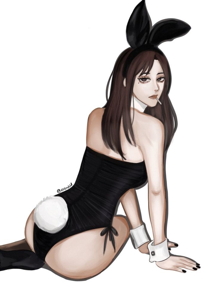 1girls, ass, brown hair, brown-haired female, bunny ears, bunnysuit, cigarette, curvy female, female, jujutsu kaisen, long hair, shoko ieiri, solo