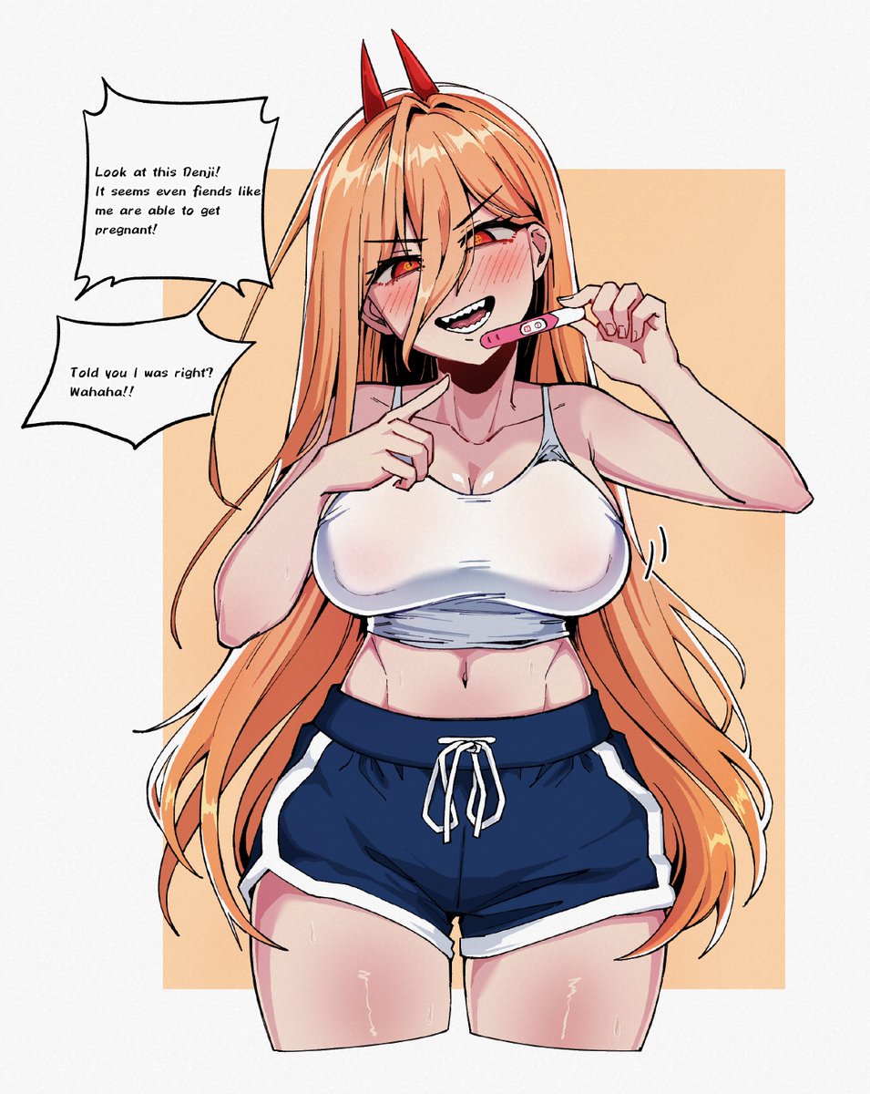 1girls, blush, breasts, chainsaw man, cleavage, dolphin shorts, eyebrows, eyebrows visible through hair, fangs, female, female only, gonzalo costa, horns, large breasts, light skin, light-skinned female, orange hair, power (chainsaw man), pregnancy test, red eyes, shorts, siribang1215, solo, solo female, solo focus, speech bubble, strawberry blonde hair, text, text bubble, thighs, wide hips, yellow eyes