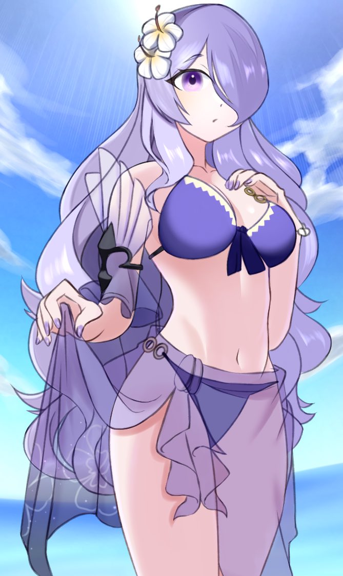 1girls alternate_costume better_version_at_source bikini blue_sky breasts camilla_(fire_emblem) camilla_(summer)_(fire_emblem) cleavage female female_only fire_emblem fire_emblem_fates fire_emblem_heroes flower hair_flower hair_ornament hair_over_one_eye large_breasts long_hair looking_at_viewer navel nintendo official_alternate_costume ondur parted_lips purple_bikini purple_eyes purple_hair purple_nails purple_sarong purple_swimsuit sarong see-through_sarong sky solo swimsuit very_long_hair