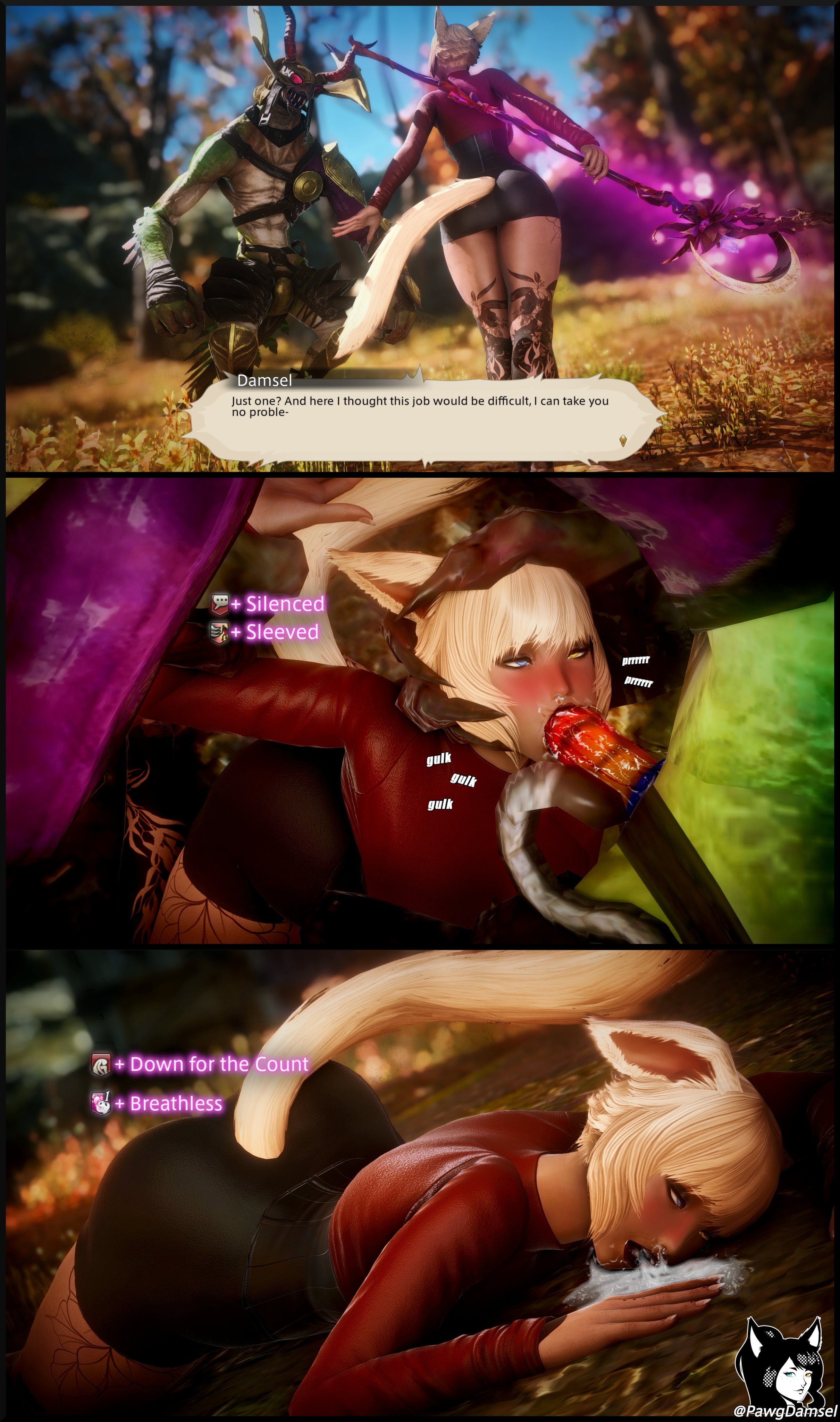 after oral, cum, cum in mouth, debuff, defeated, fellatio, female, final fantasy, final fantasy xiv, forced, forced oral, fucked silly, game mechanics, gameplay mechanics, gpose (ffxiv), helpless, instant loss, left alone after sex, miqo'te, monster, monster rape, oral, pawgnova, rape, size difference, status effect, used as an object, used like a toy