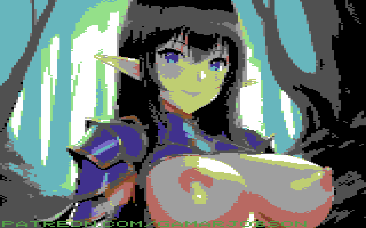 8_bit 8bit ai_generated armored_dress big_breasts black_hair commodore_64 elf elf_ears elf_female elf_girl gamarjobson nipples pixel_(artwork) pixel_art