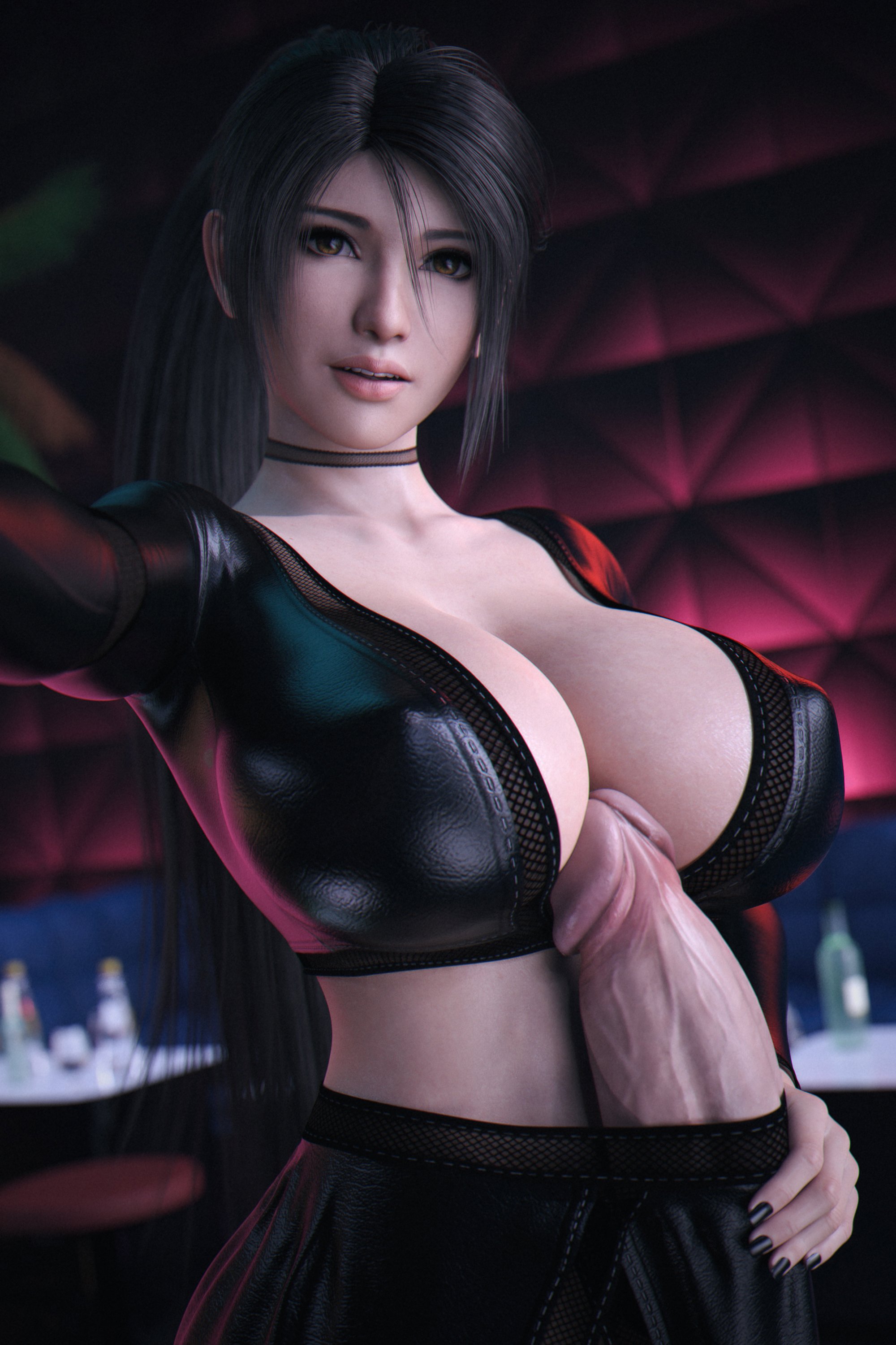 1futa, 3d, big breasts, black hair, breasts, choker, clothing, dead or alive, erection, futa only, futanari, hand on penis, hi res, huge cock, ineffective clothing, intersex, large breasts, light skin, light-skinned futa, looking at viewer, momiji (ninja gaiden), ninja gaiden, penis, ponytail, solo, standing, stevencarson