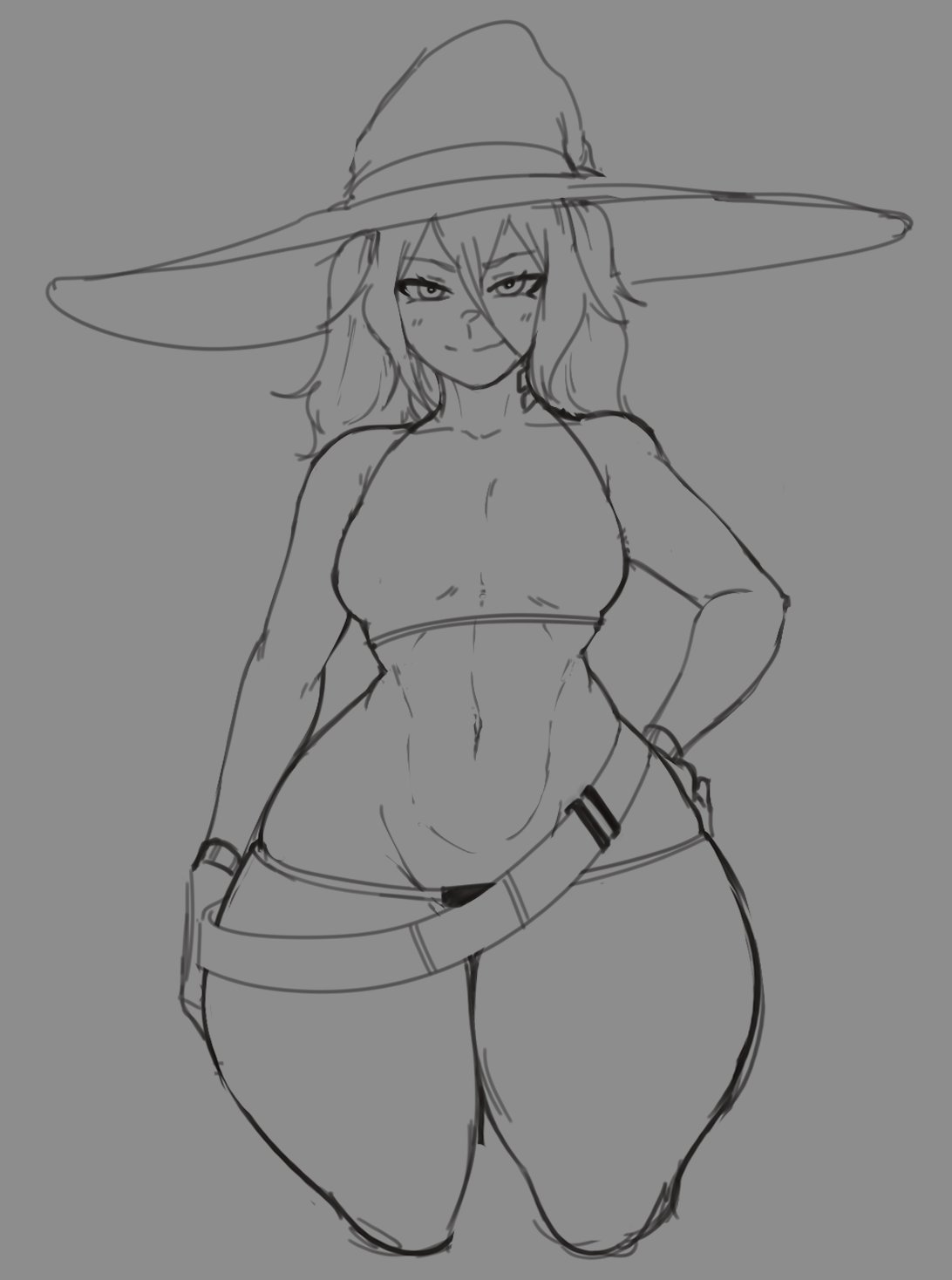 1girls hand_on_hip looking_at_viewer monochrome operatorsecret smug solo thick_thighs witch_hat