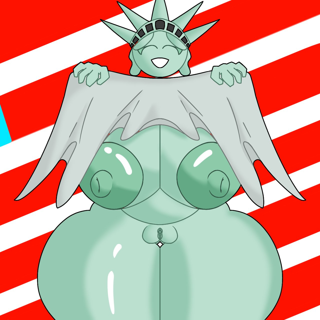 1girls, 4th of july, american flag, areolae, big breasts, breasts, breasts bigger than head, clitoris, closed eyes, female, female only, flashing, flashing breasts, flashing pussy, green body, naked, naked female, nipples, nude, nude female, pussy, rlyhornyartist, smile, solo, solo female, statue of liberty